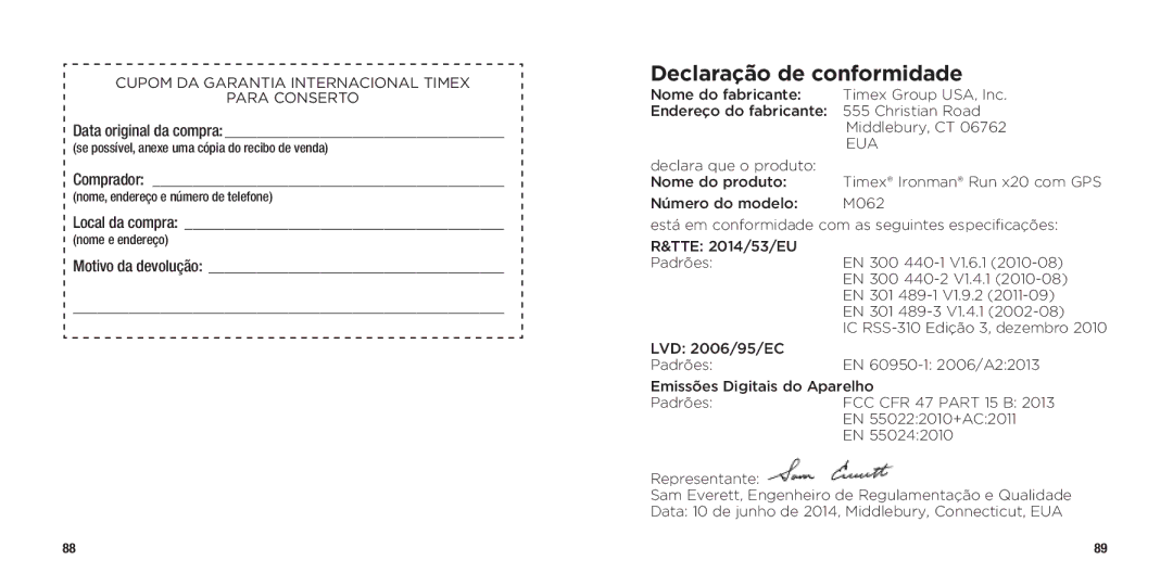 Timex WW W302 062-095000 quick start Declaração de conformidade 