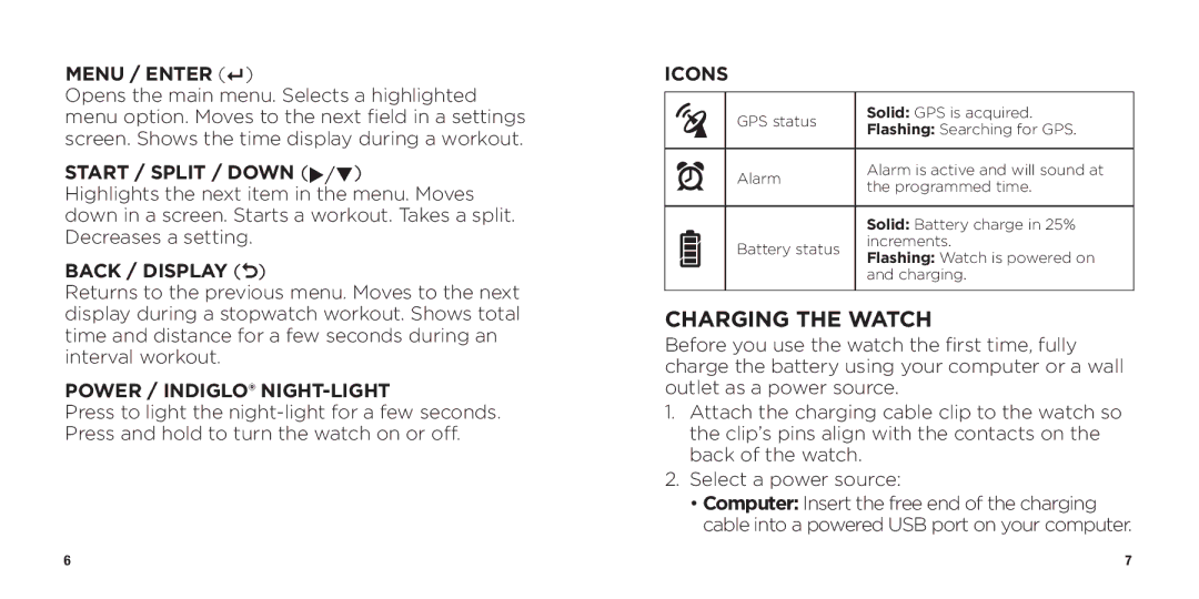 Timex WW W302 062-095000 quick start Charging the Watch, Back / Display O, Power / Indiglo NIGHT-LIGHT, Icons 