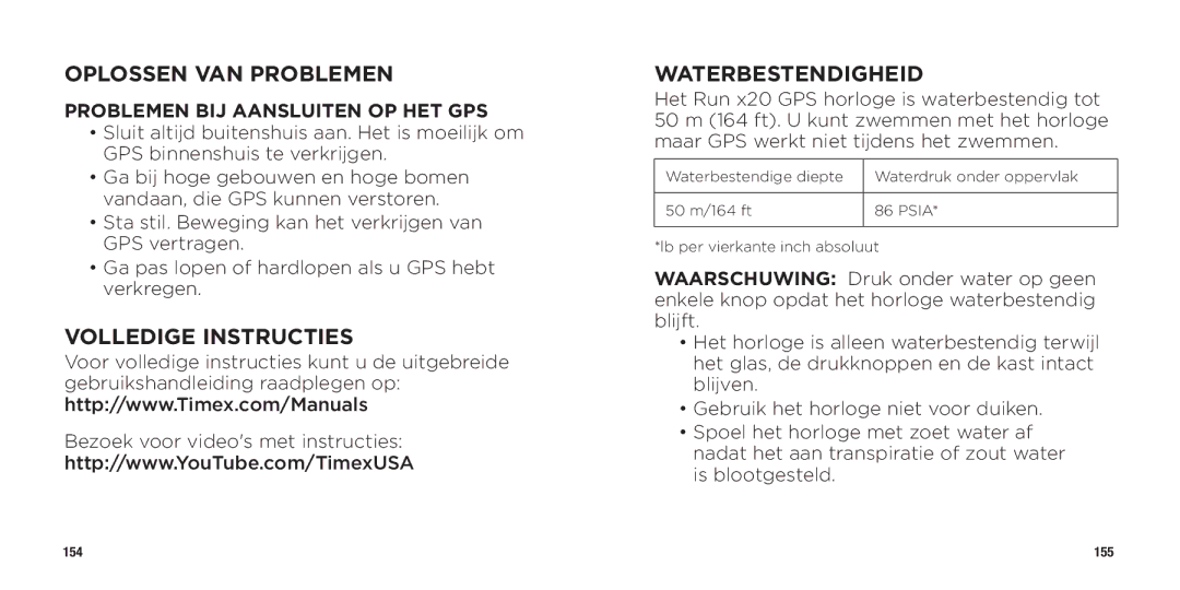 Timex WW W302 062-095000 quick start Oplossen VAN Problemen, Volledige Instructies Waterbestendigheid 