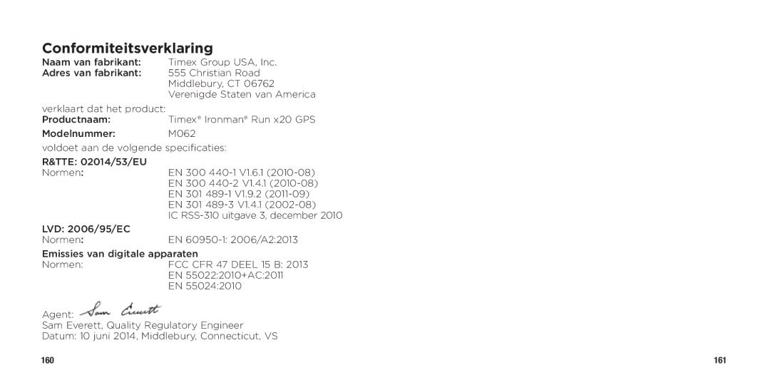 Timex WW W302 062-095000 quick start Conformiteitsverklaring 