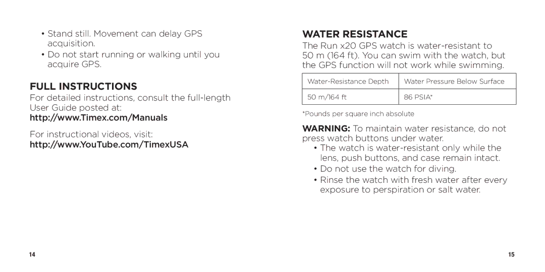 Timex WW W302 062-095000 quick start Full Instructions Water Resistance 