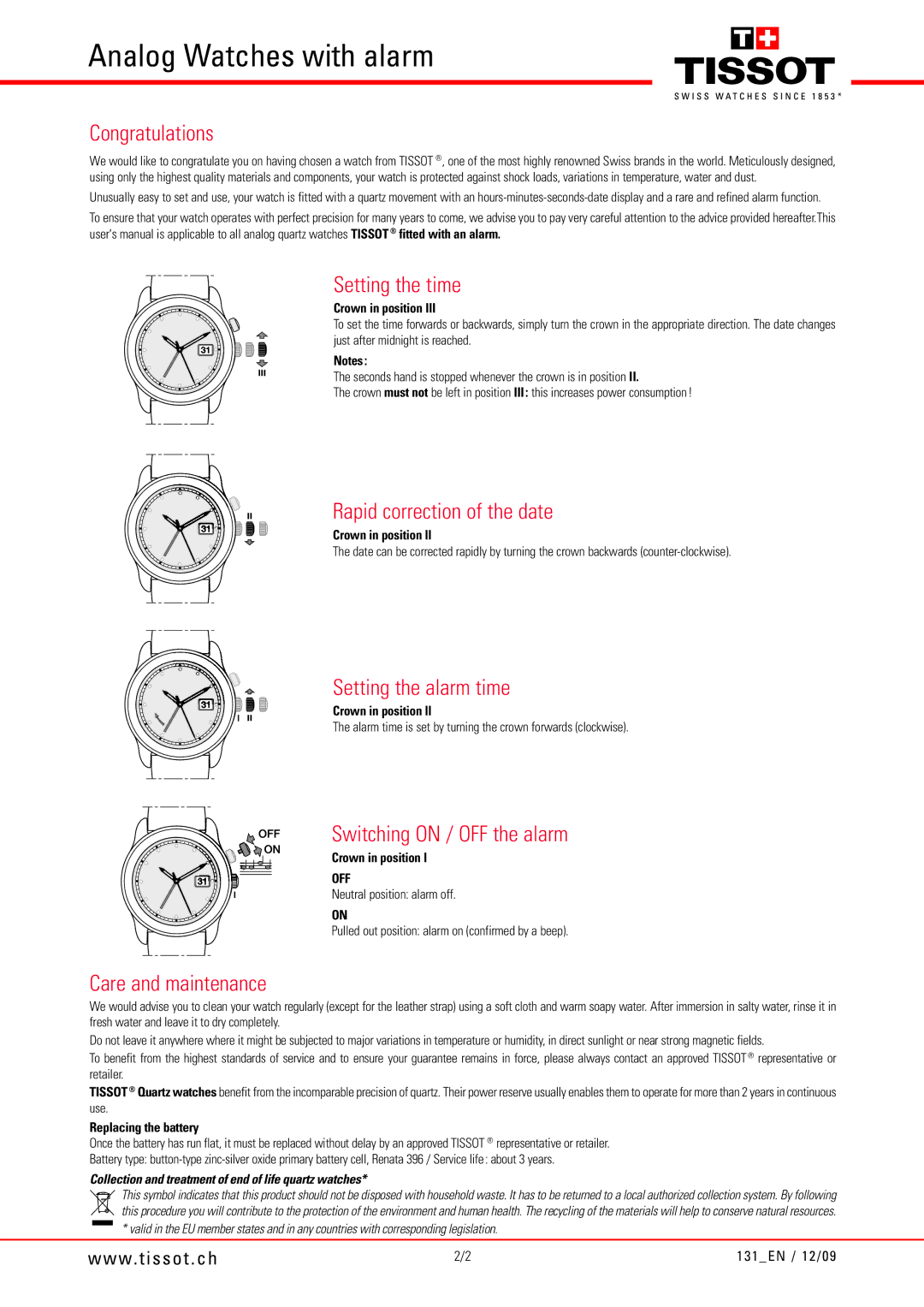 Tissot 131_N/12/09 manual Congratulations, Setting the time, Rapid correction of the date, Setting the alarm time 