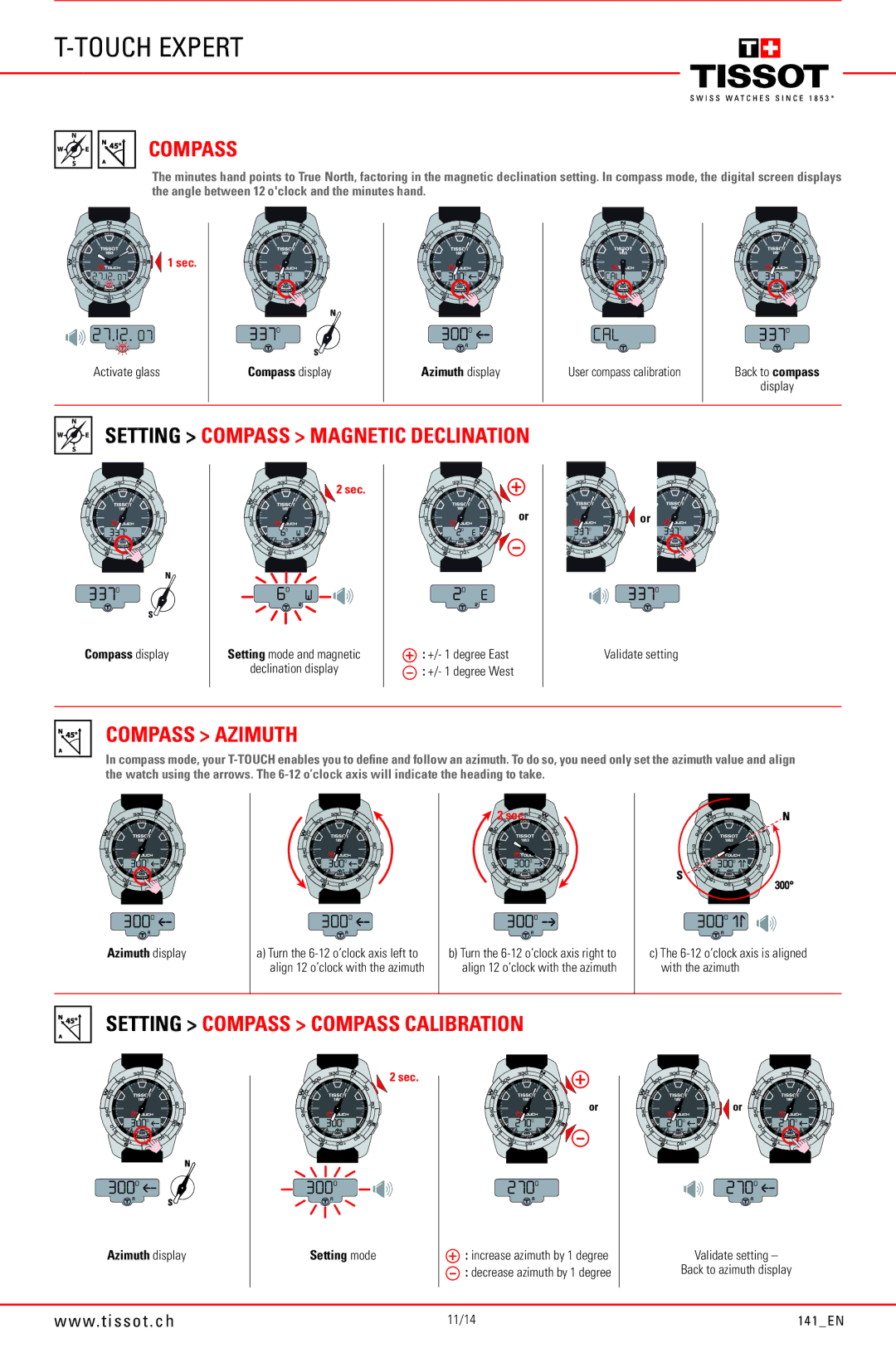 Tissot through 141_EN14/14 Setting Compass Magnetic Declination, Compass Azimuth, Setting Compass Compass Calibration 