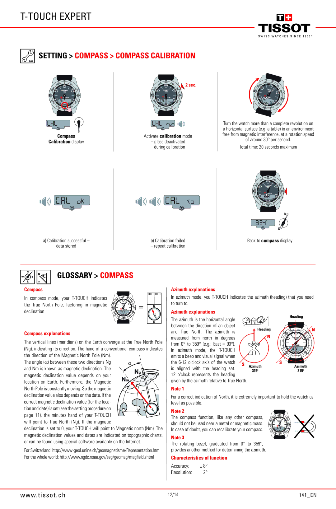 Tissot 141_EN6/14, 141_EN5/14, through 141_EN14/14 manual Glossary Compass, Azimuth explanations, Compass explanations 