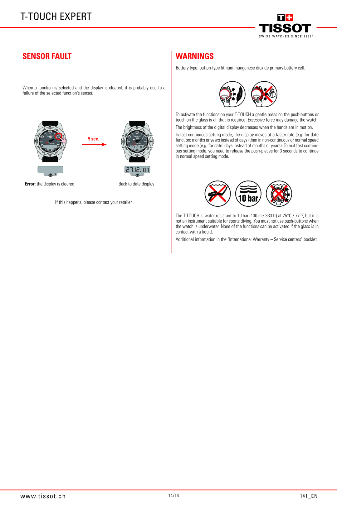 Tissot through 141_EN14/14 manual Sensor Fault, Error the display is cleared, If this happens, please contact your retailer 