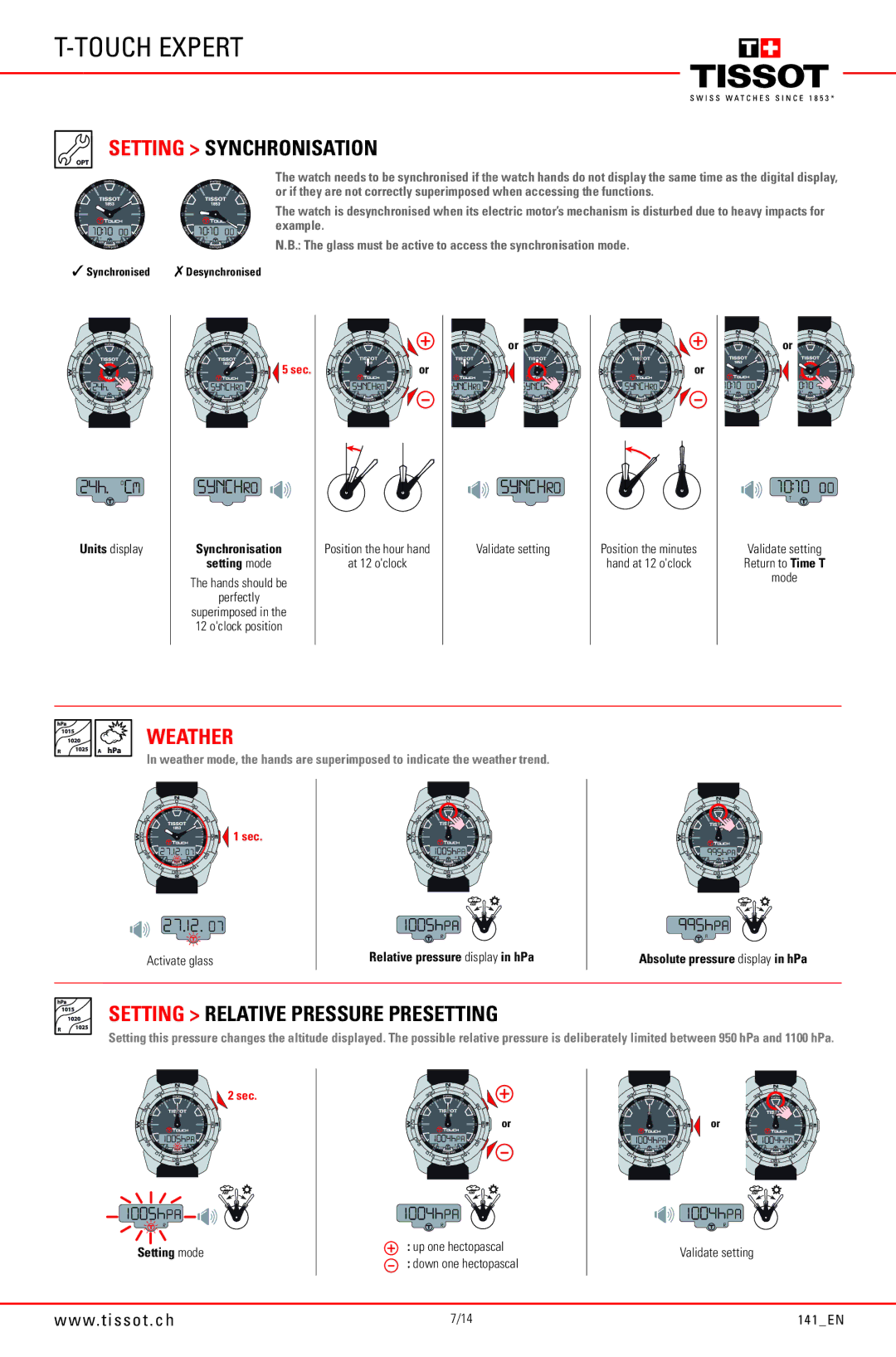 Tissot 141_EN5/14, 141_EN6/14, through 141_EN14/14 Setting Synchronisation, Weather, Setting Relative Pressure Presetting 