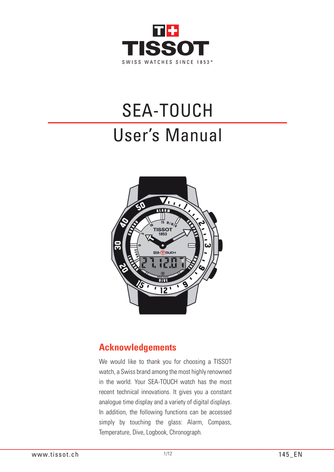 Tissot 145 manual Sea-Touch, 5 E N 