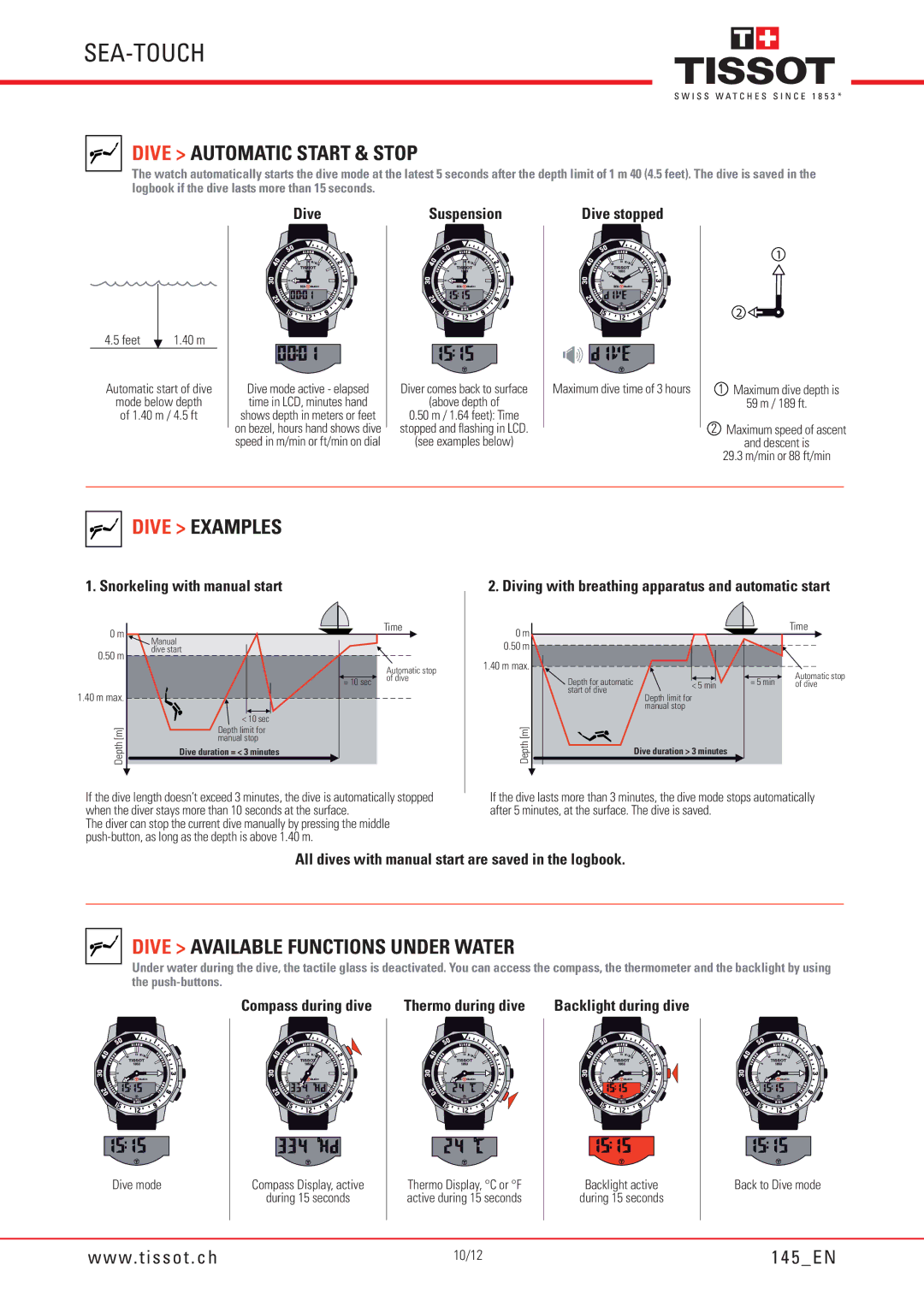 Tissot 145 manual Dive Automatic Start & Stop, Dive Examples, Dive Available Functions Under Water, Backlight during dive 