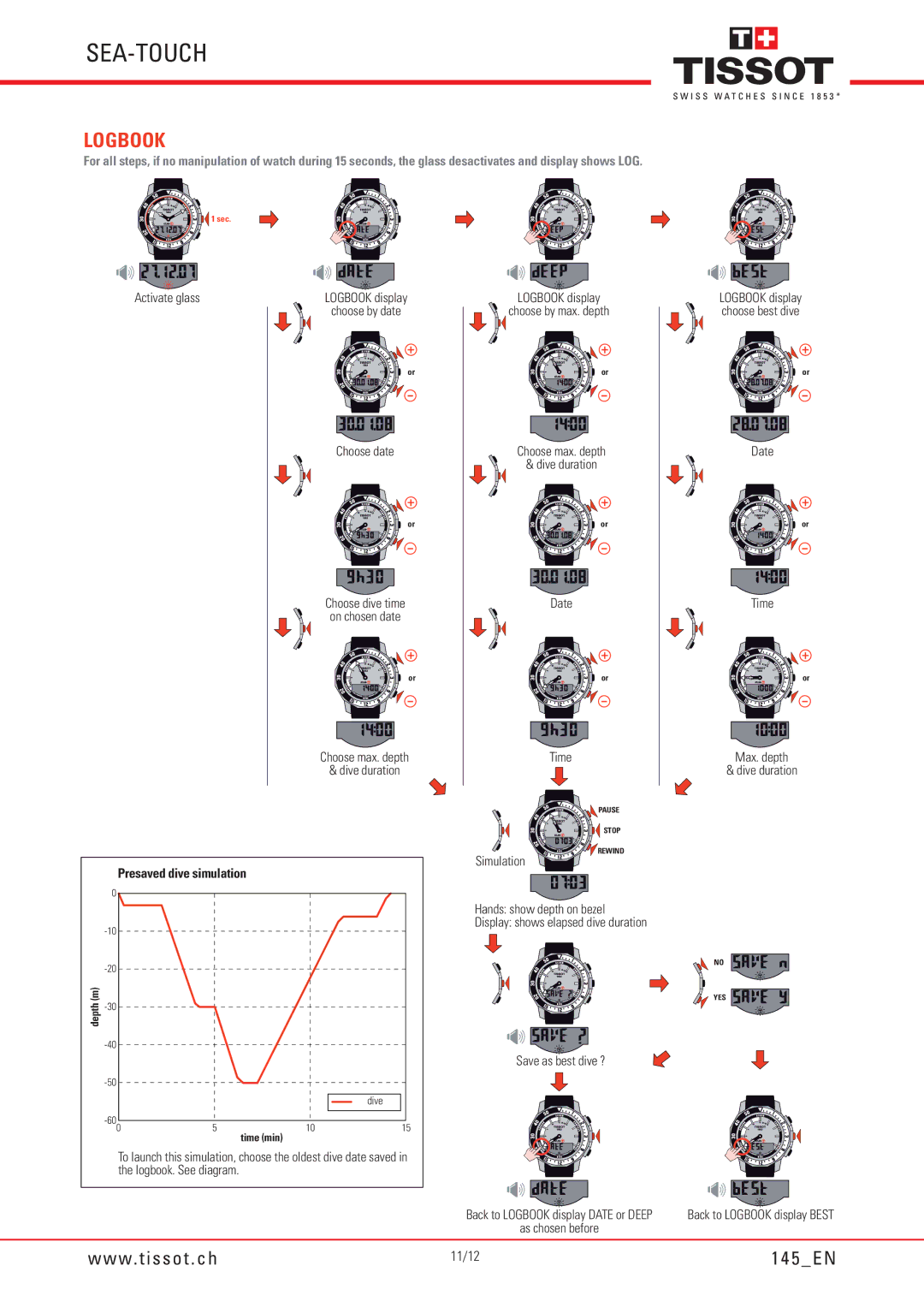 Tissot 145 manual Logbook, Date Time Choose max. depth Dive duration Max. depth, Presaved dive simulation, Simulation 