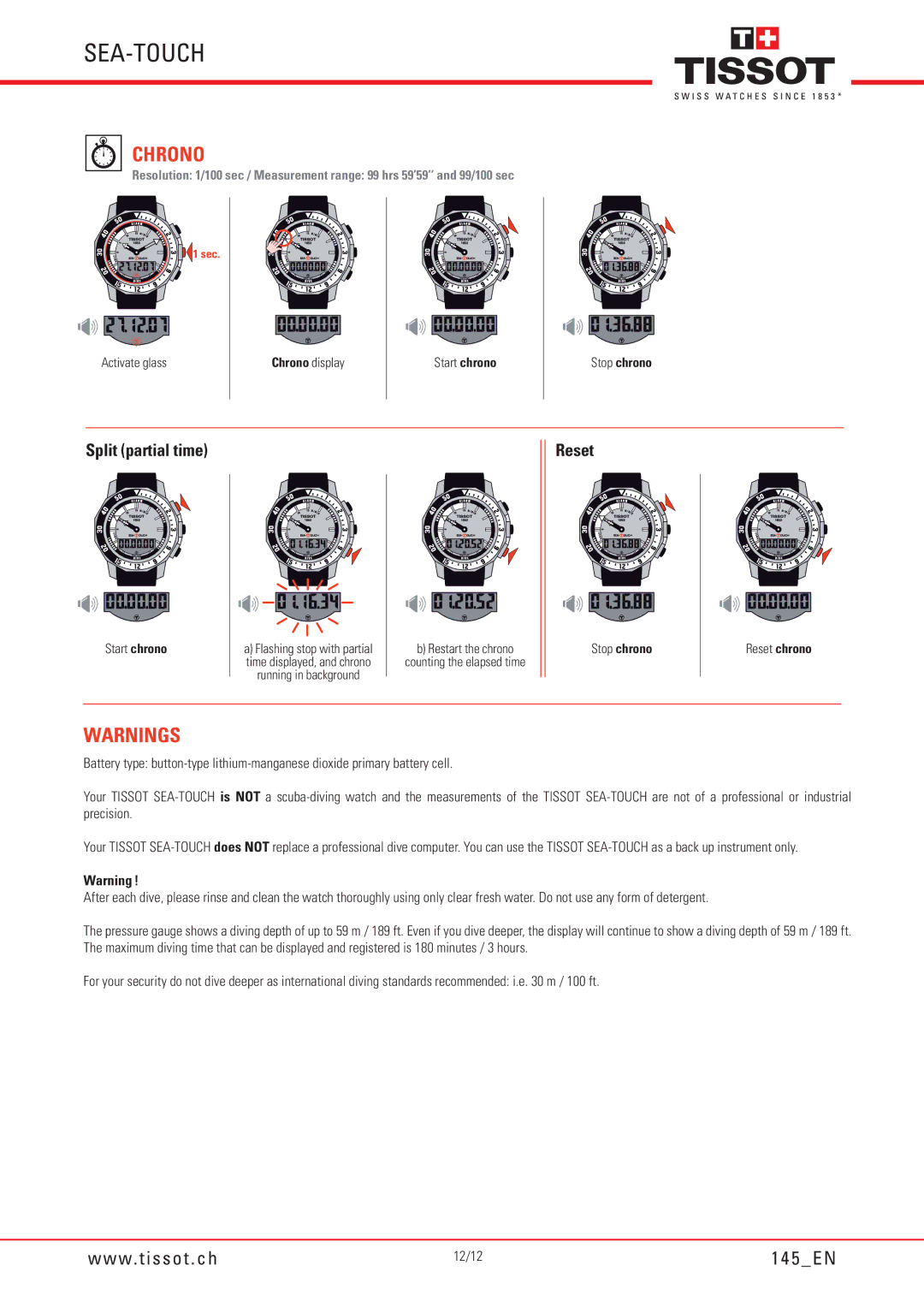 Tissot 145 manual Chrono display, Stop chrono 