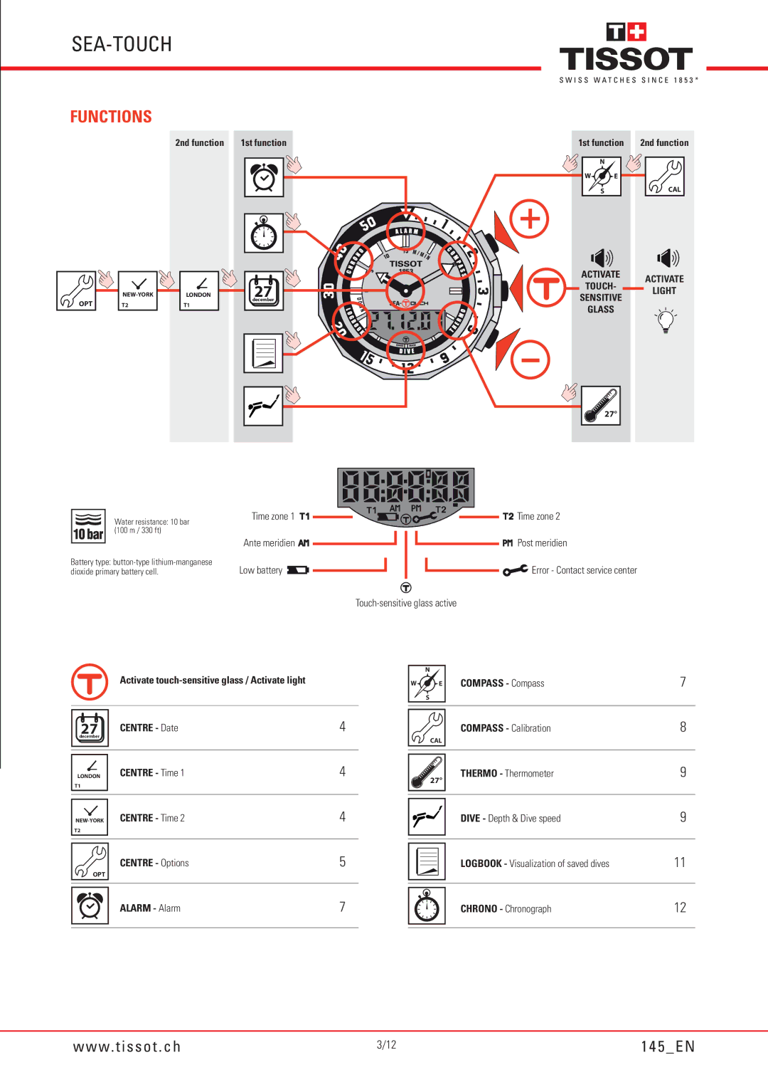 Tissot 145 manual Functions, Compass Compass, Centre Time, Centre Options 