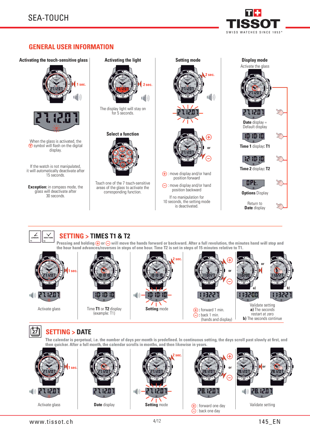 Tissot 145 manual General User Information, Setting Times T1 & T2, Setting Date, Setting mode 