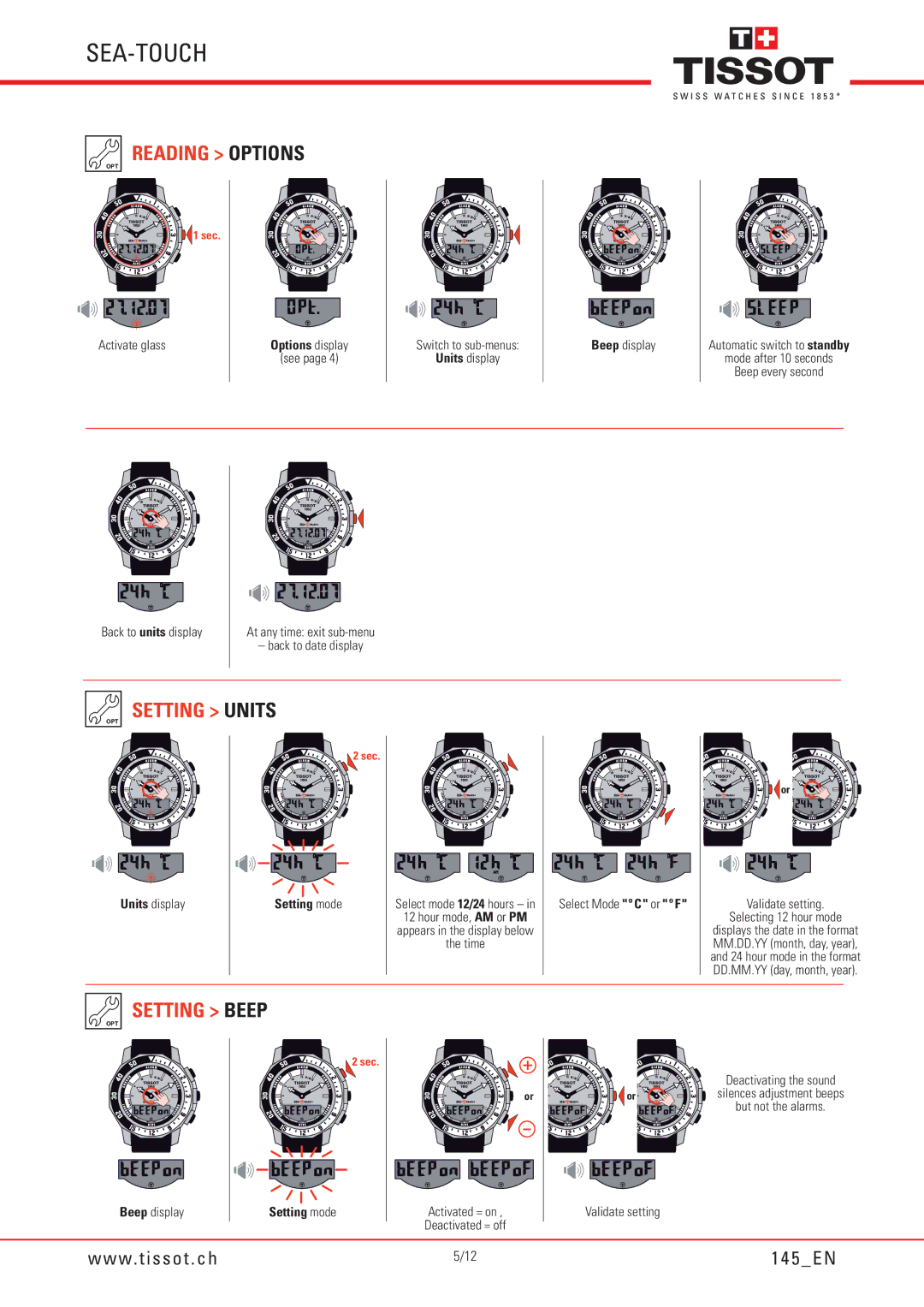 Tissot 145 manual Reading Options, Setting Units, Setting Beep, Options display, Units display 