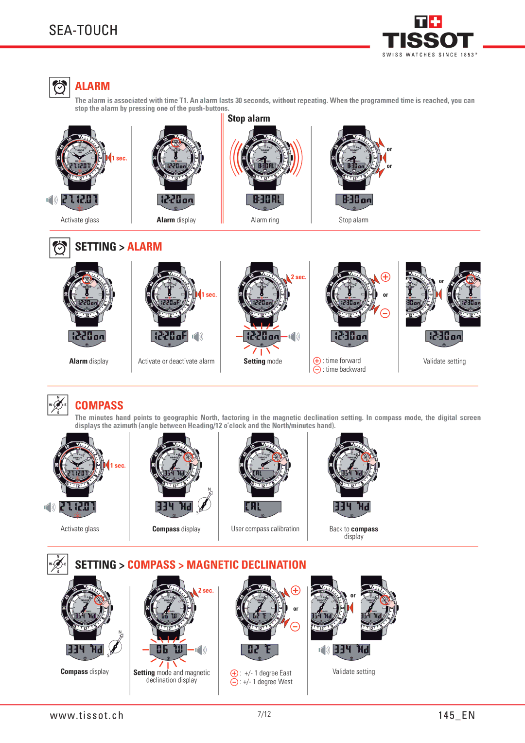 Tissot 145 manual Setting Alarm, Setting Compass Magnetic Declination, Compass display 
