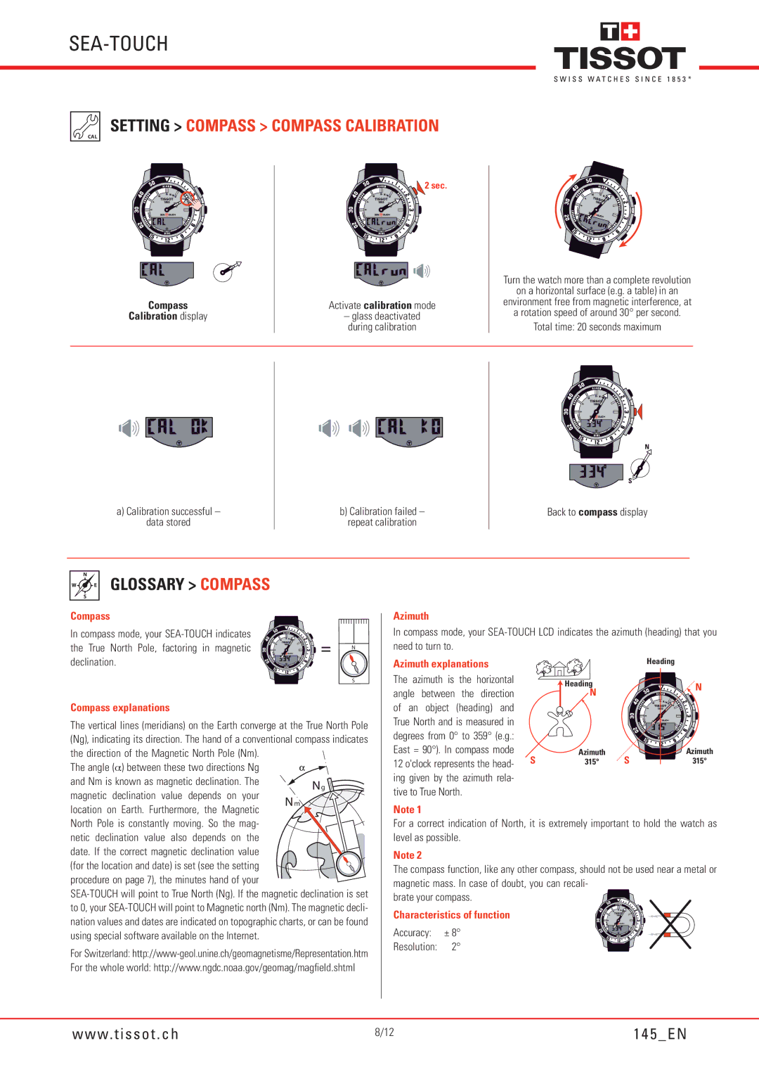 Tissot 145 manual Setting Compass Compass Calibration, Glossary Compass 