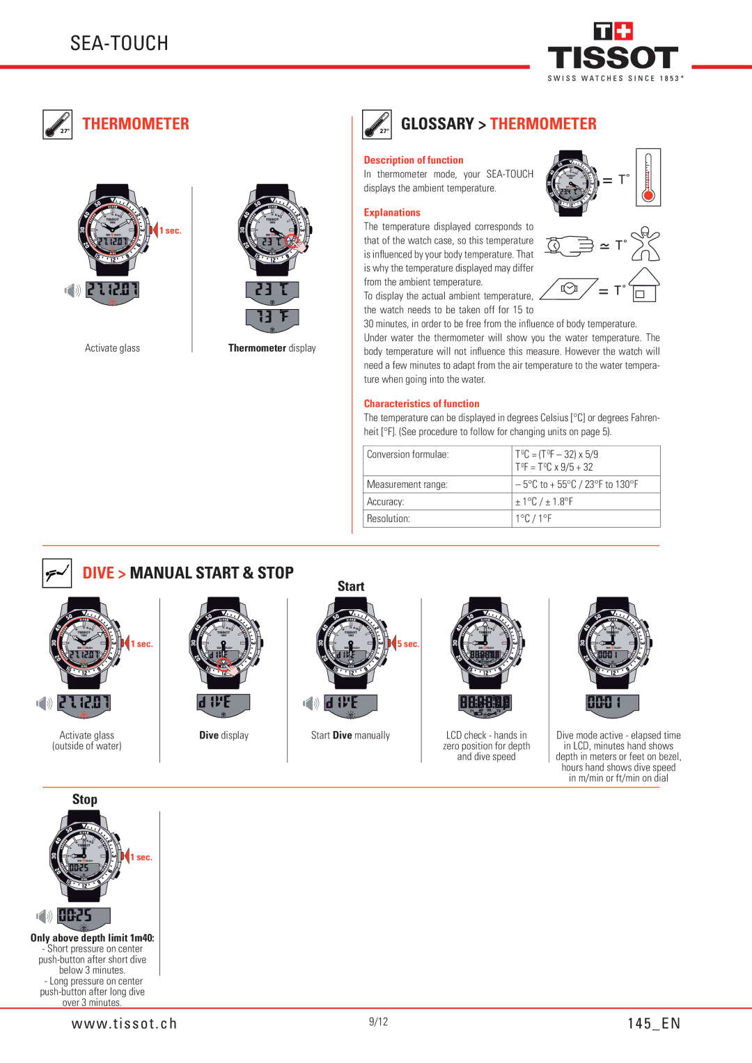 Tissot 145 manual Glossary Thermometer, Dive Manual Start & Stop, Activate glass, Only above depth limit 1m40 