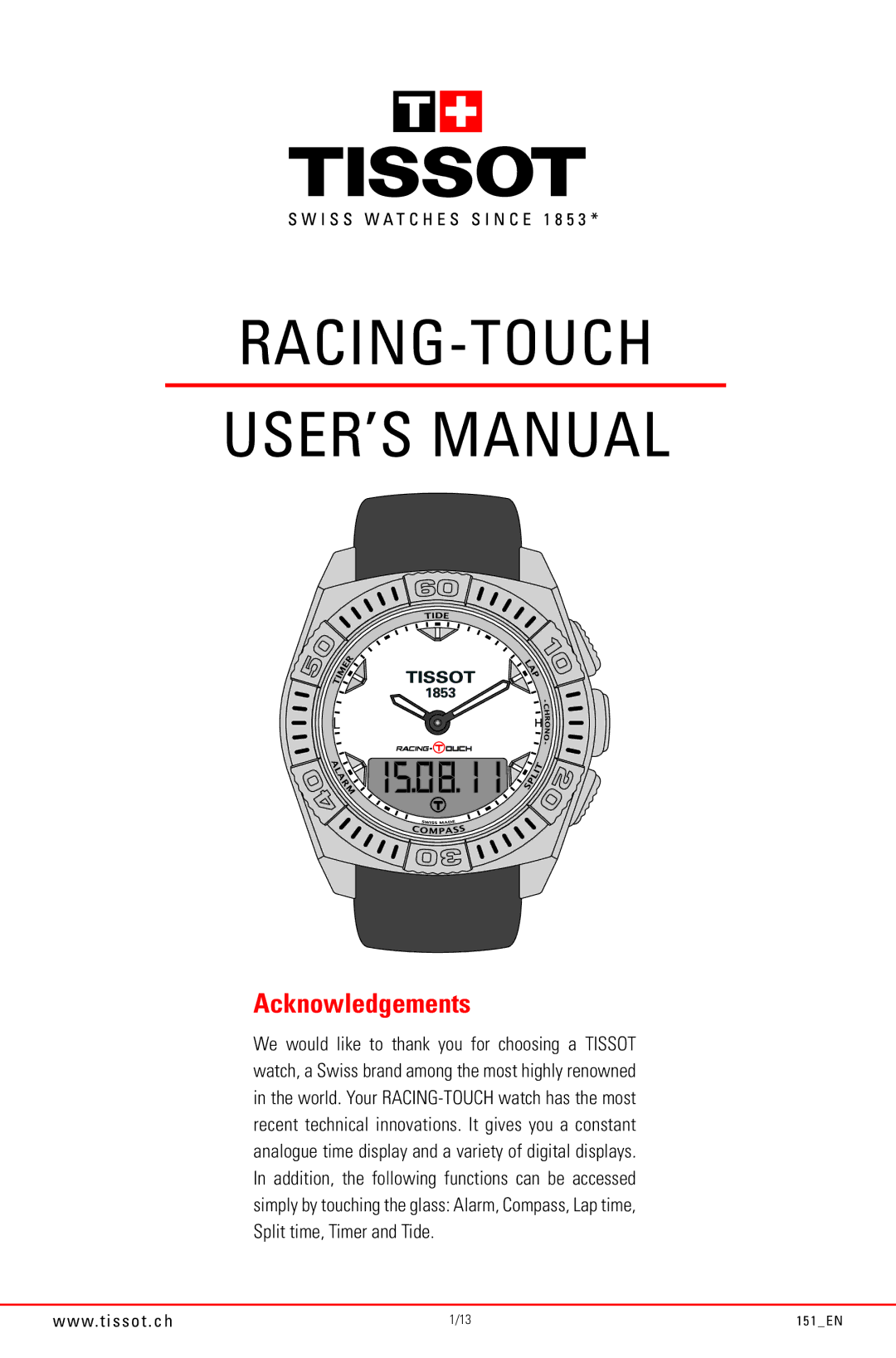 Tissot 151_EN manual RACING-TOUCH USER’S Manual, 151EN 