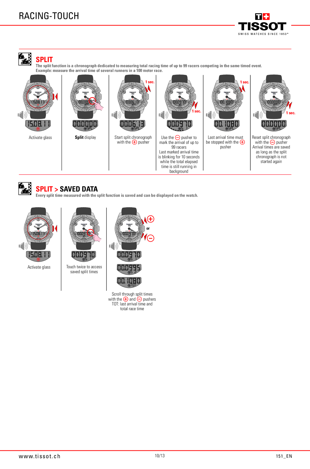 Tissot 151_EN Split Saved Data, Activate glass Split display, Use the pusher to mark the arrival of up to 99 racers 