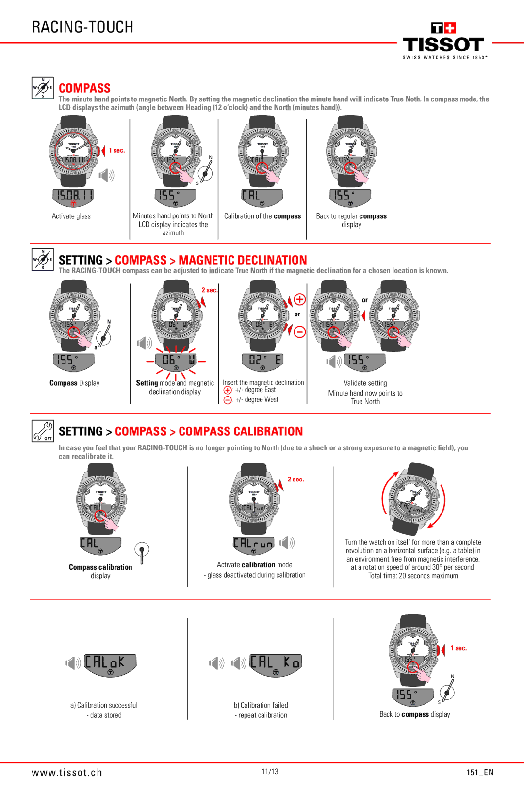 Tissot 151_EN manual Setting Compass Compass Calibration, Compass Display, Compass calibration 
