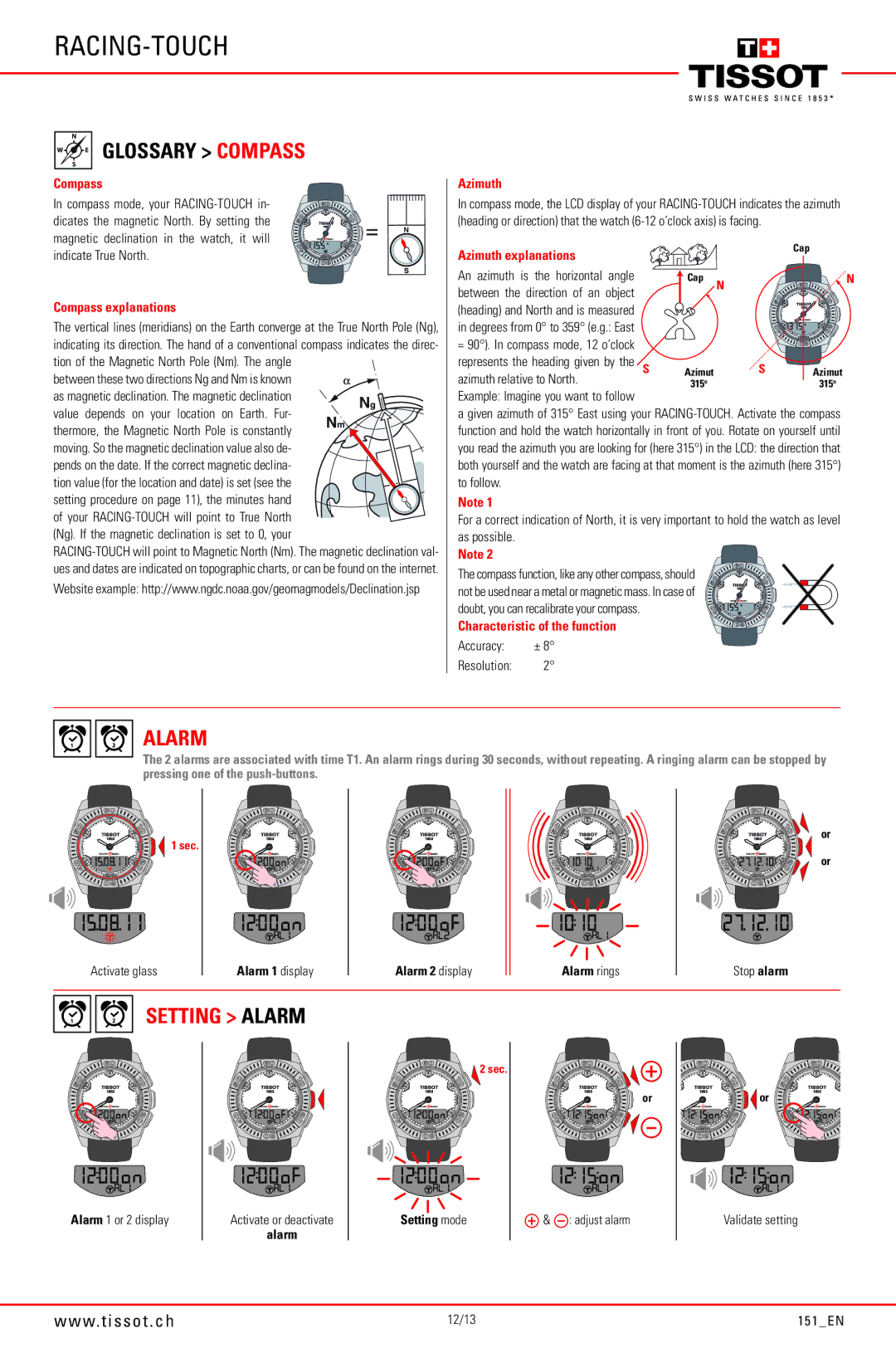 Tissot 151_EN manual Glossary Compass, Setting Alarm, Alarm 1 display Alarm 2 display Alarm rings, Alarm Setting mode 