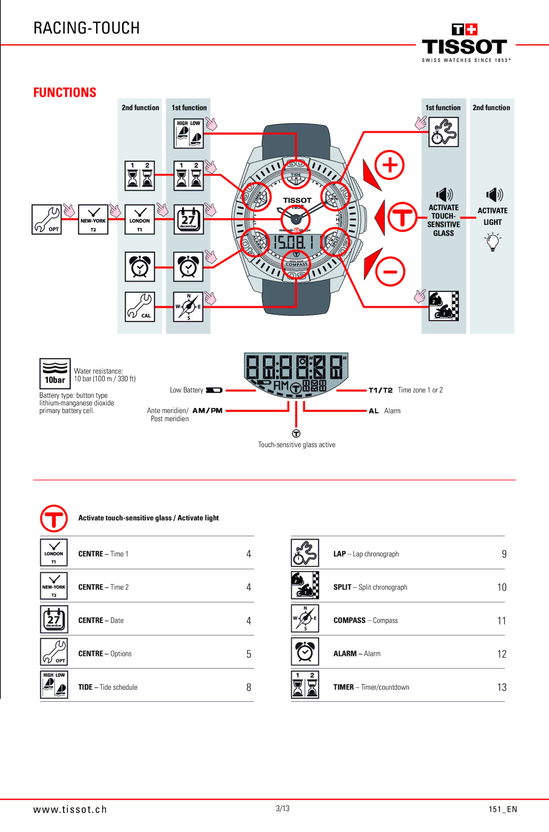 Tissot 151_EN manual 1st function, 10bar, Activate touch-sensitive glass / Activate light Centre Time, Centre Date 