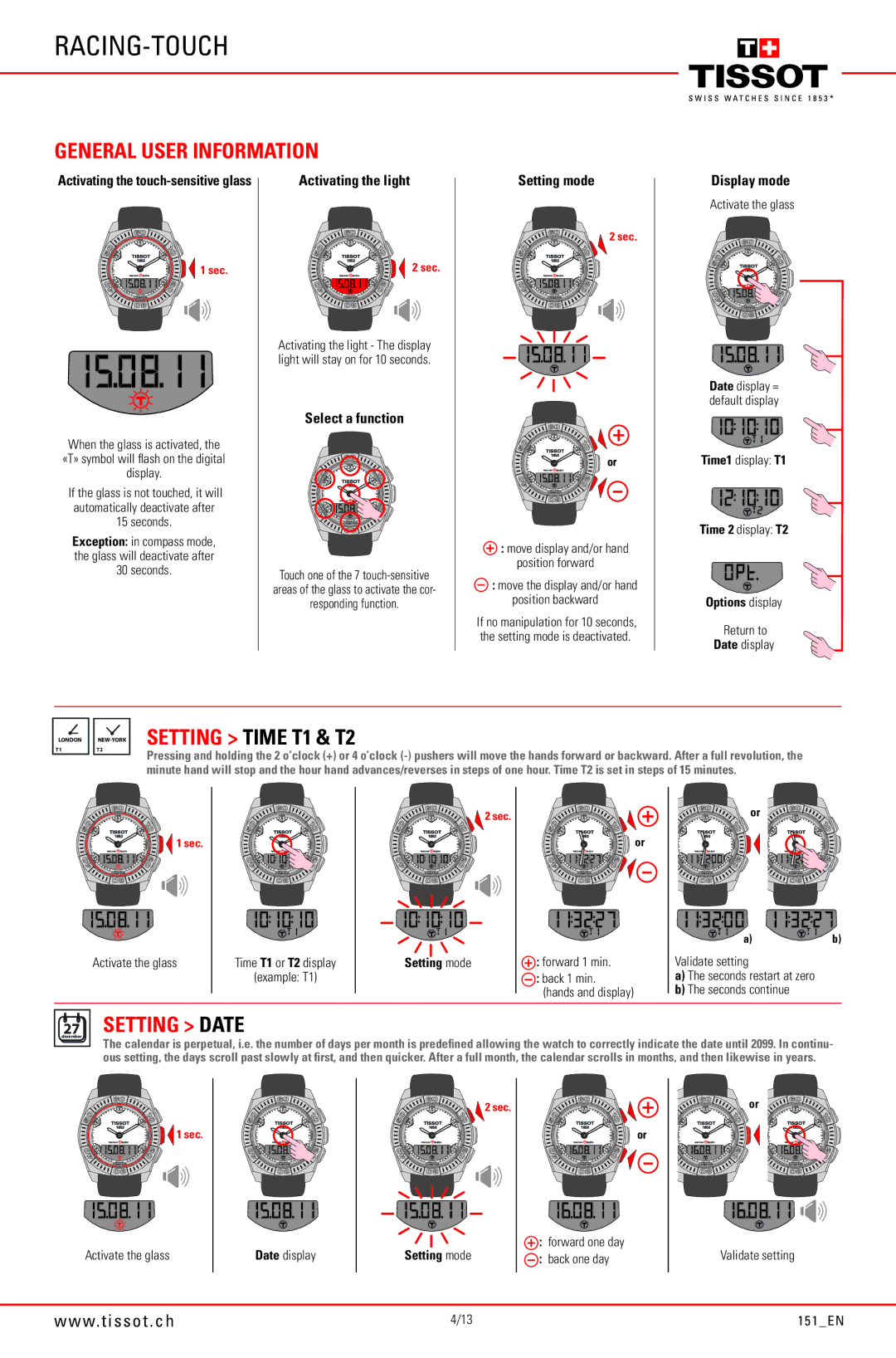 Tissot 151_EN manual General User Information, Setting Time T1 & T2, Setting Date, Time 2 display T2 Options display 