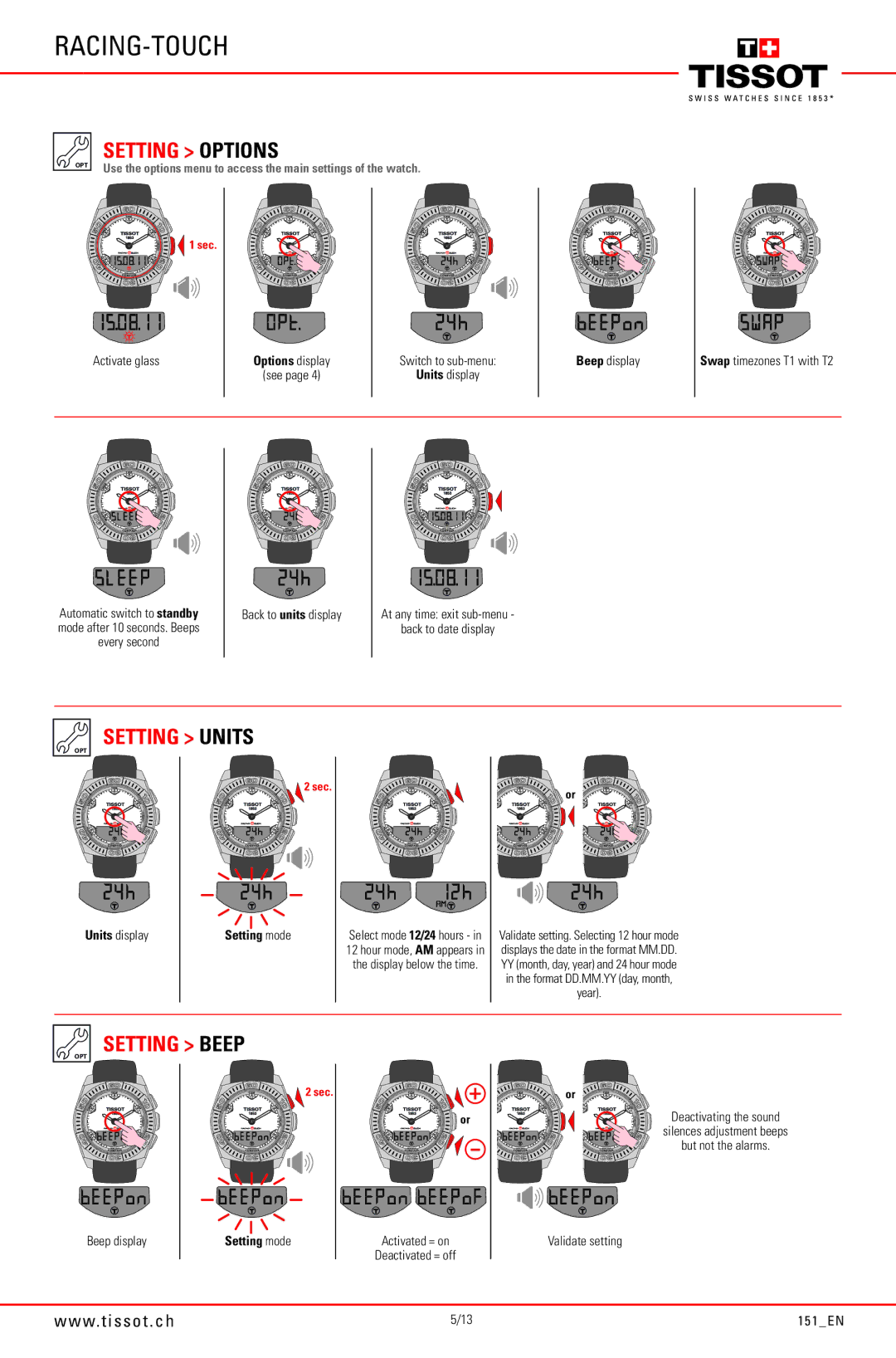 Tissot 151_EN manual Setting Options, Setting Units, Setting Beep, Units display 