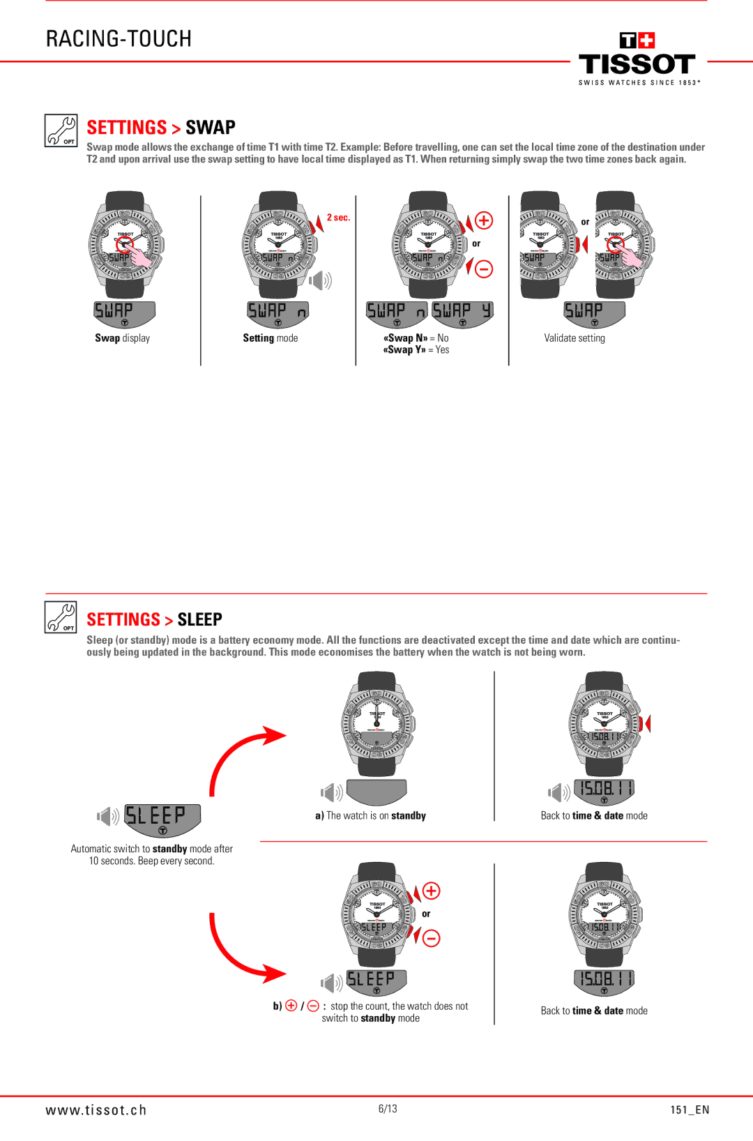 Tissot 151_EN manual Settings Sleep, Swap display, Back to time & date mode 151EN 