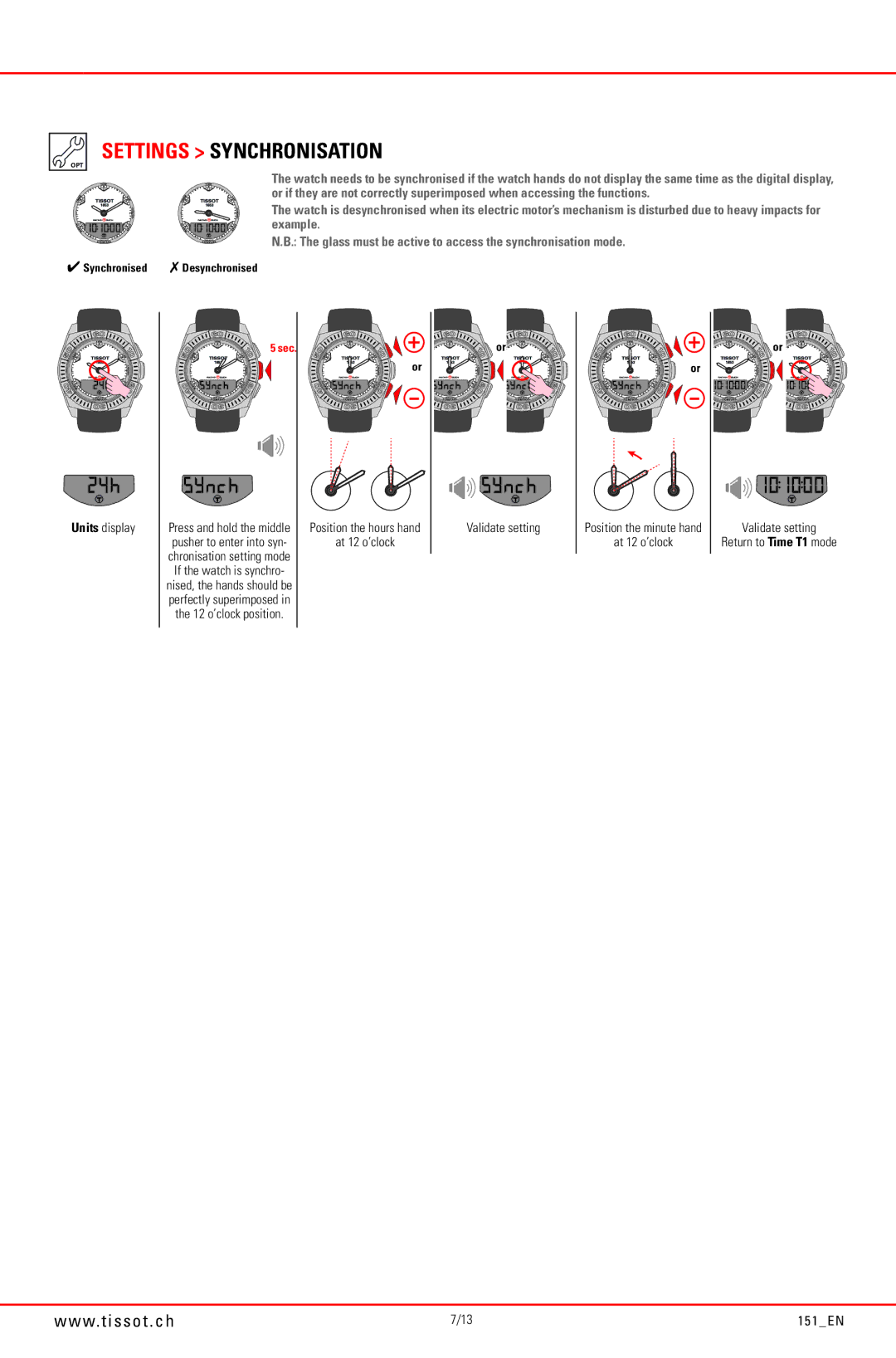 Tissot 151_EN manual Settings Synchronisation, Units display, At 12 o’clock Validate setting 