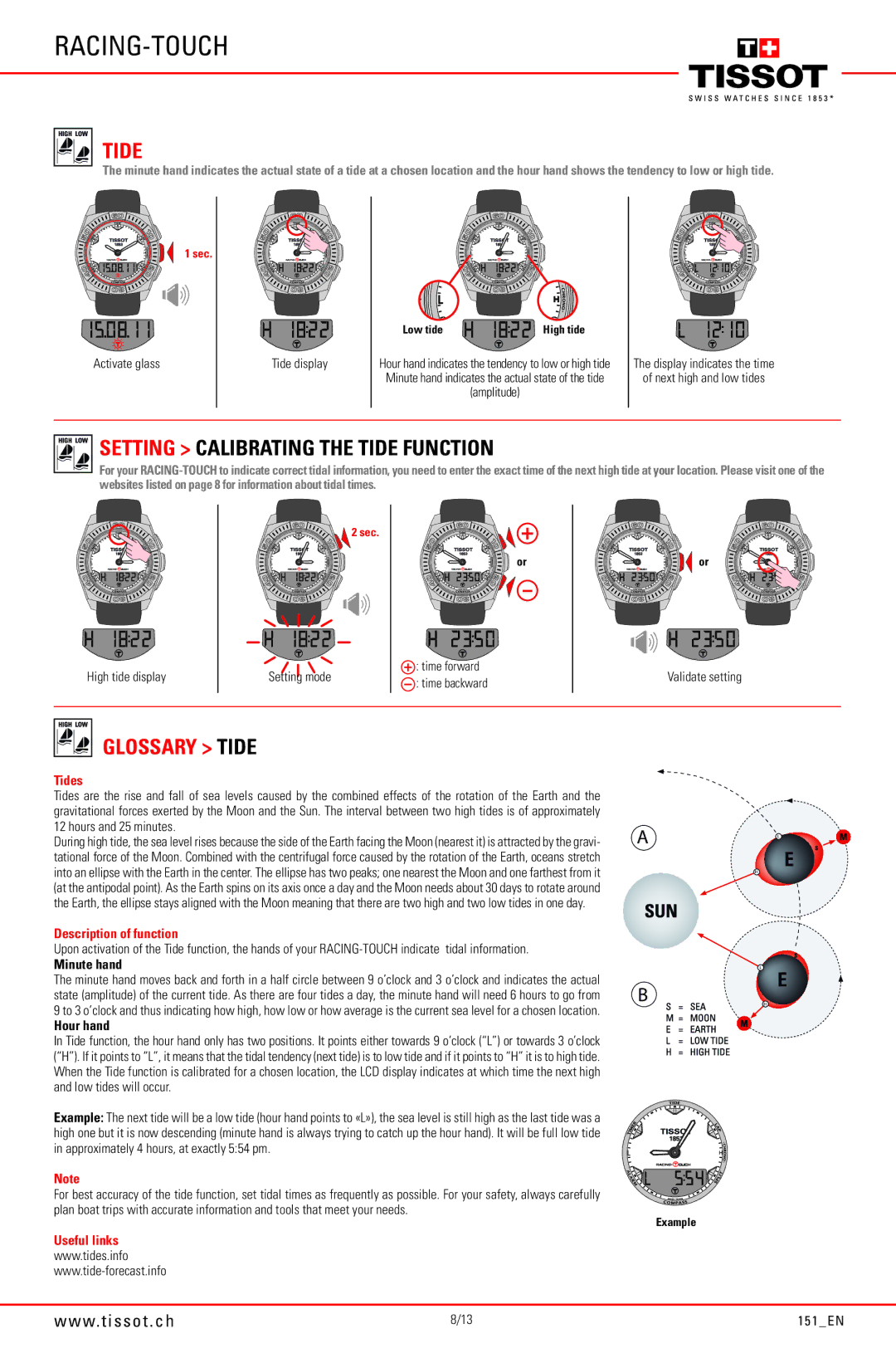 Tissot 151_EN manual Setting Calibrating the Tide Function, Glossary Tide, Minute hand, Hour hand 