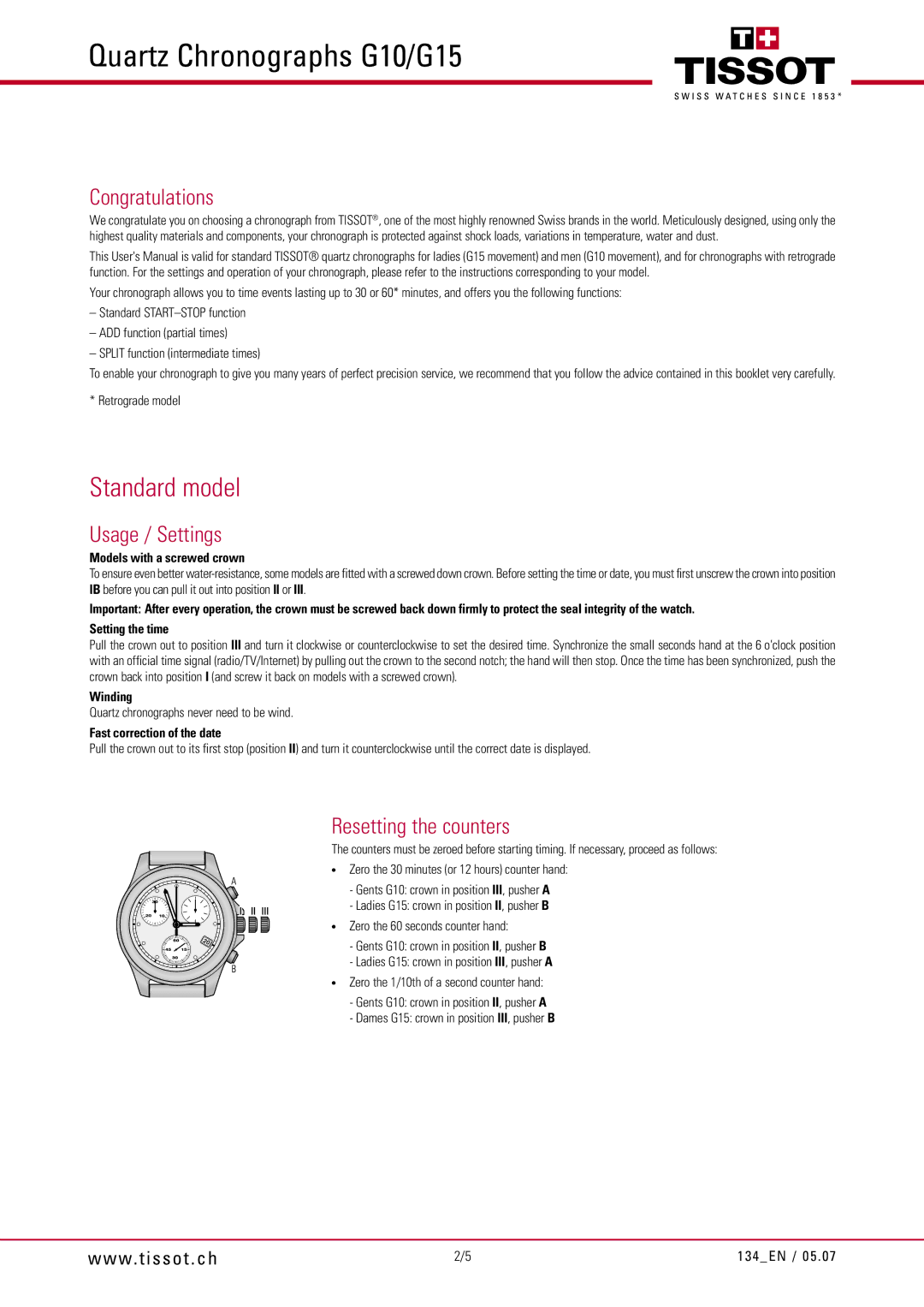 Tissot G15, G10 manual Congratulations, Usage / Settings, Resetting the counters 