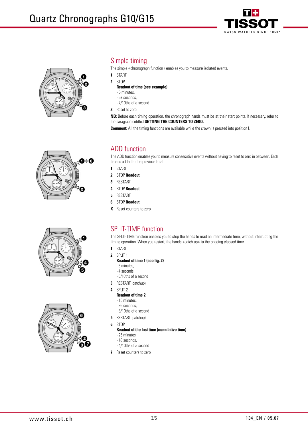 Tissot G10, G15 manual Simple timing, ADD function, SPLIT-TIME function 