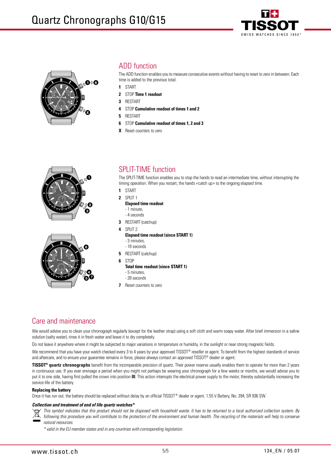 Tissot G10, G15 manual Care and maintenance 