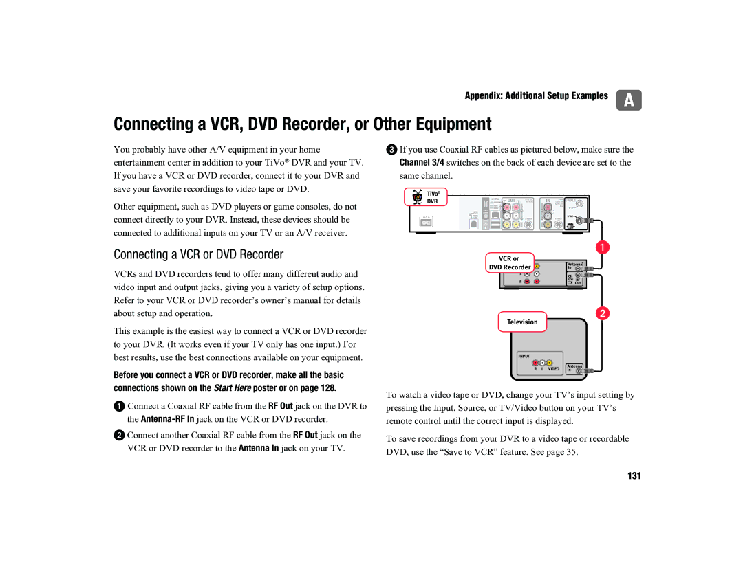 TiVo 2TM DT appendix Connecting a VCR, DVD Recorder, or Other Equipment, Connecting a VCR or DVD Recorder 