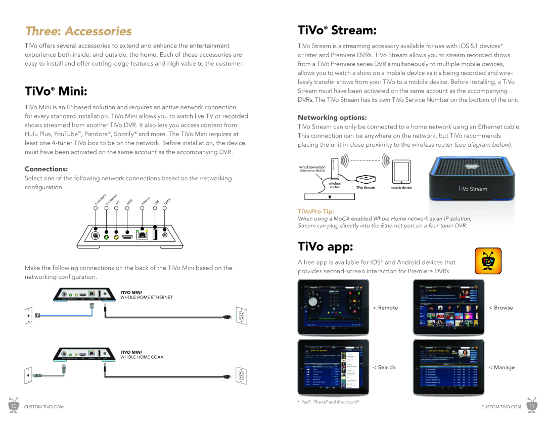 TiVo CI_Install_0327_1.0 manual Three Accessories, TiVo Mini, TiVo Stream, TiVo app, Networking options 