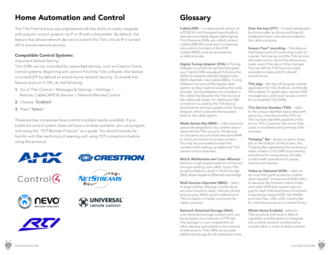 TiVo CI_Install_0327_1.0 Home Automation and Control, Glossary, Compatible Control Systems, Important Default Setting 