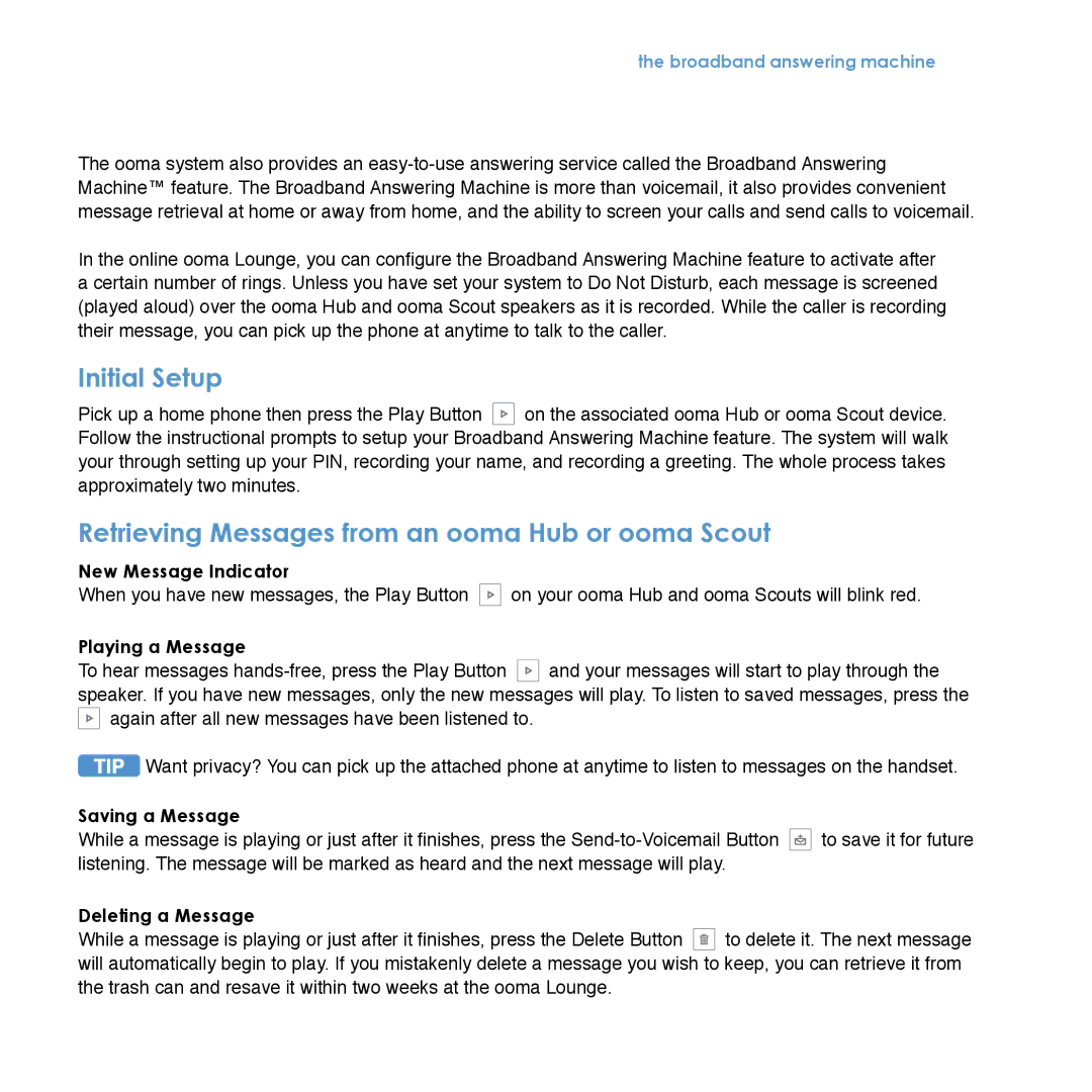 TiVo manual Initial Setup, Retrieving Messages from an ooma Hub or ooma Scout, Broadband answering machine 