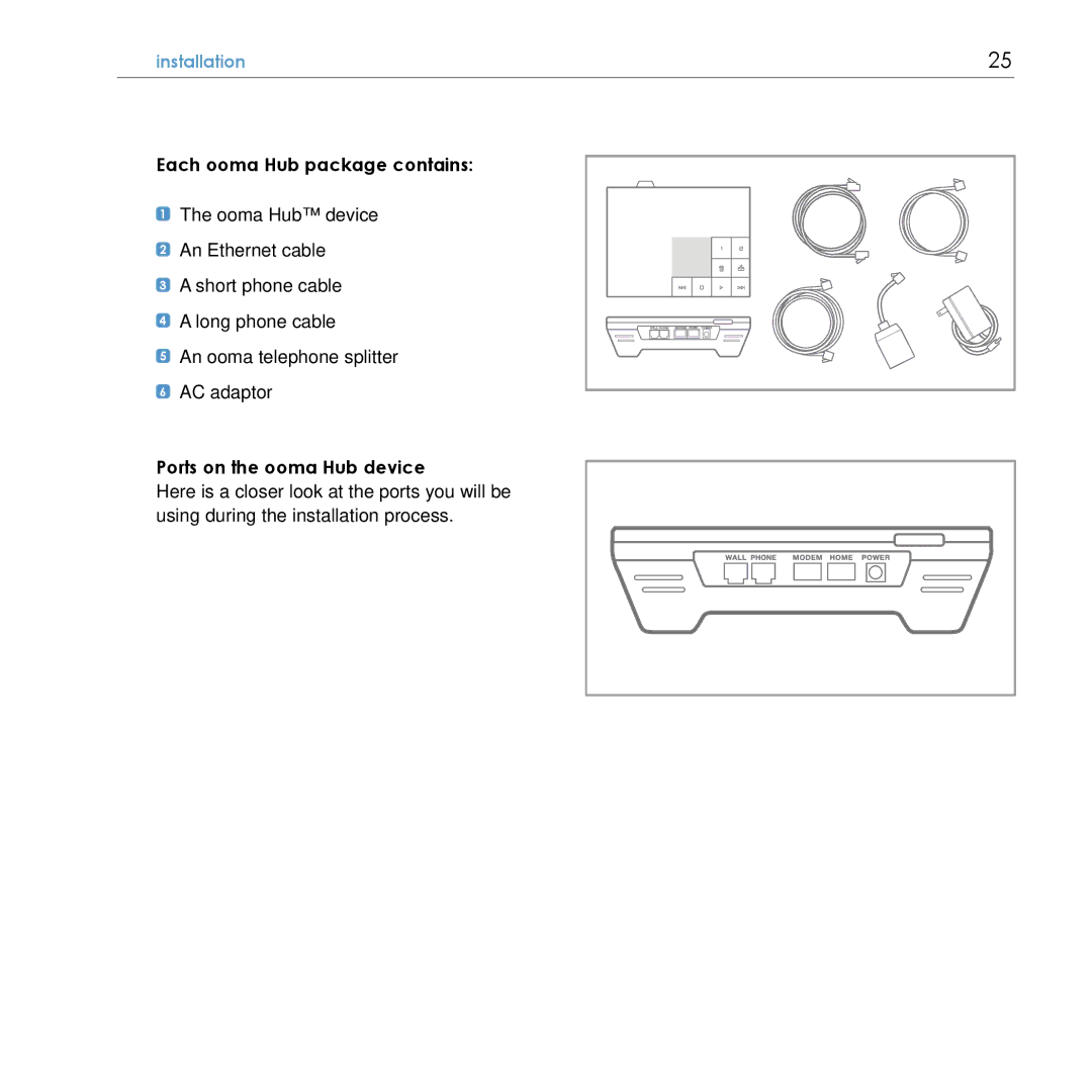 TiVo manual Each ooma Hub package contains, Ports on the ooma Hub device 