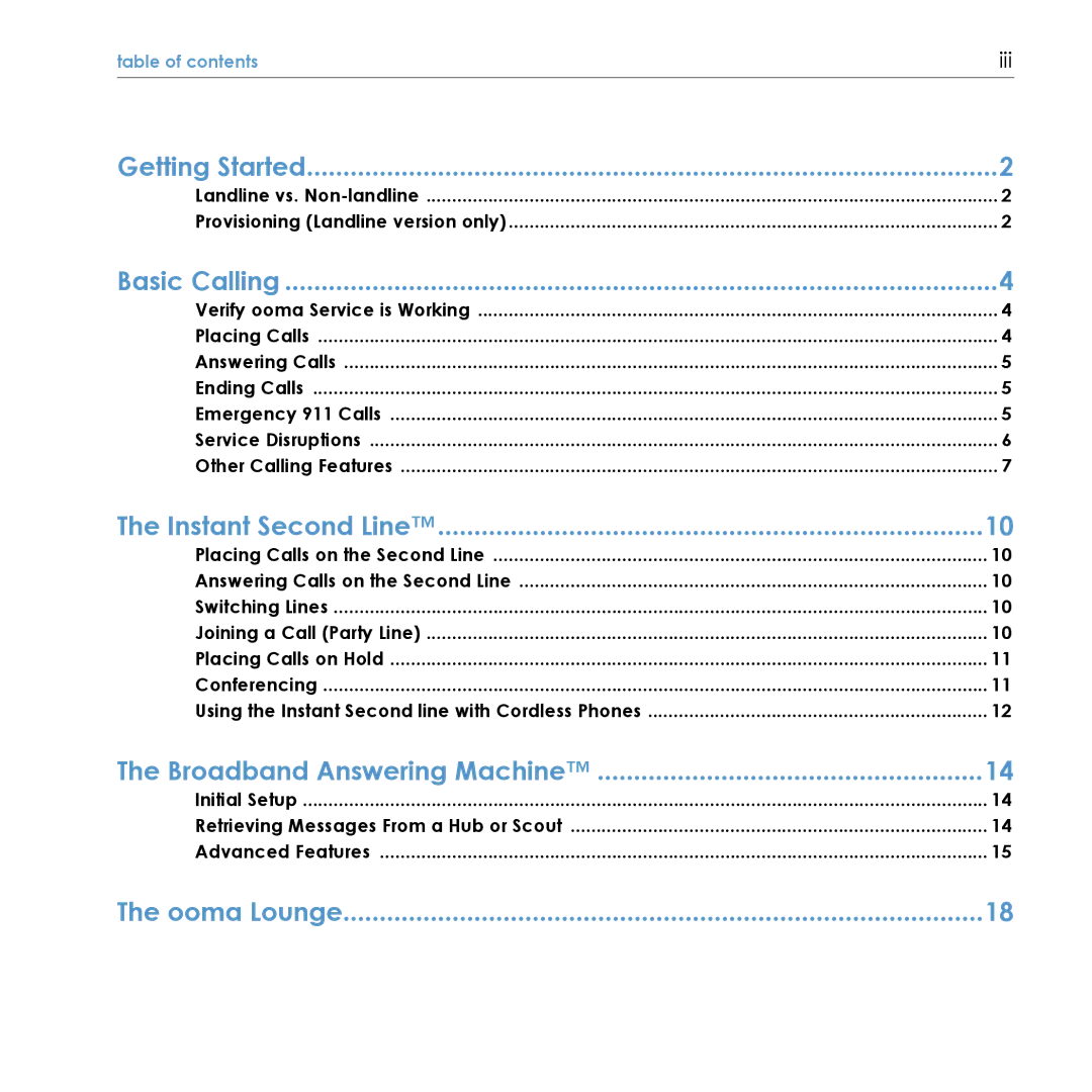 TiVo Hub manual Getting Started, Basic Calling, Instant Second Line, Broadband Answering Machine, Ooma Lounge 