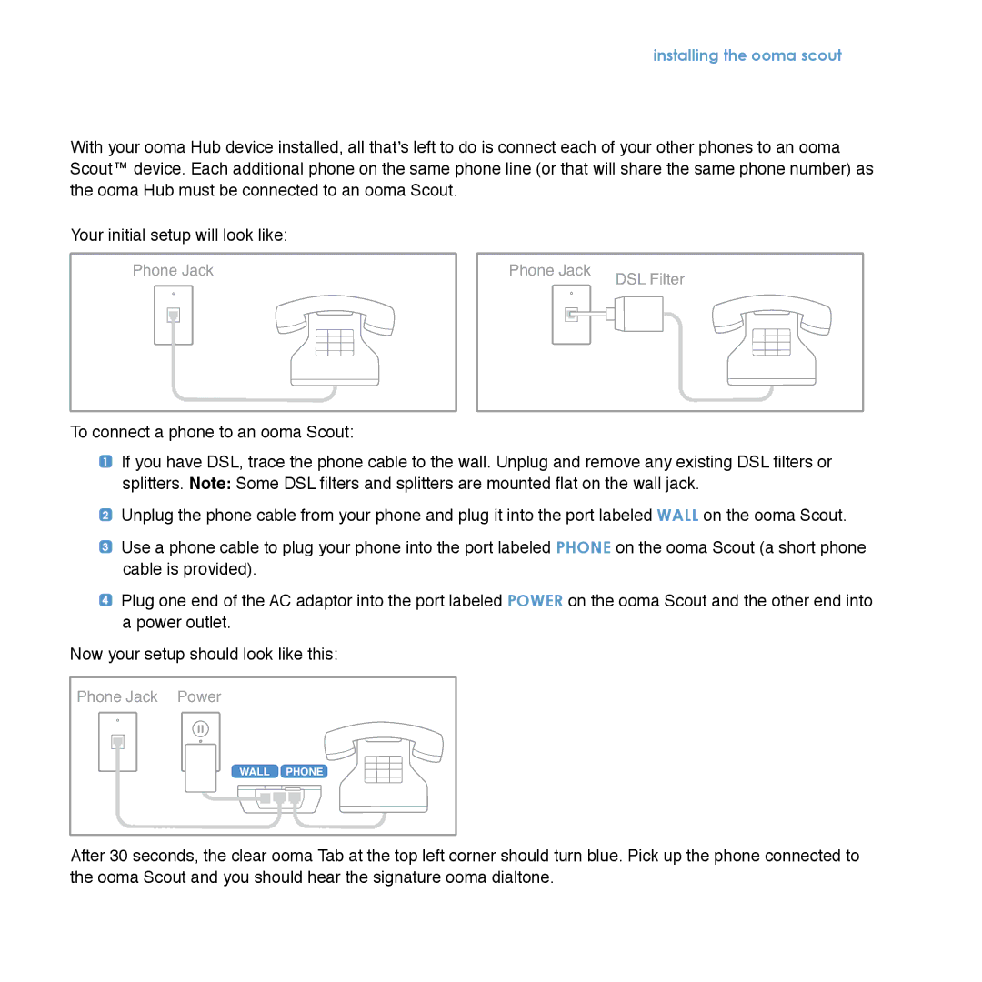 TiVo Hub manual Installing the ooma scout, Phone Jack DSL Filter 