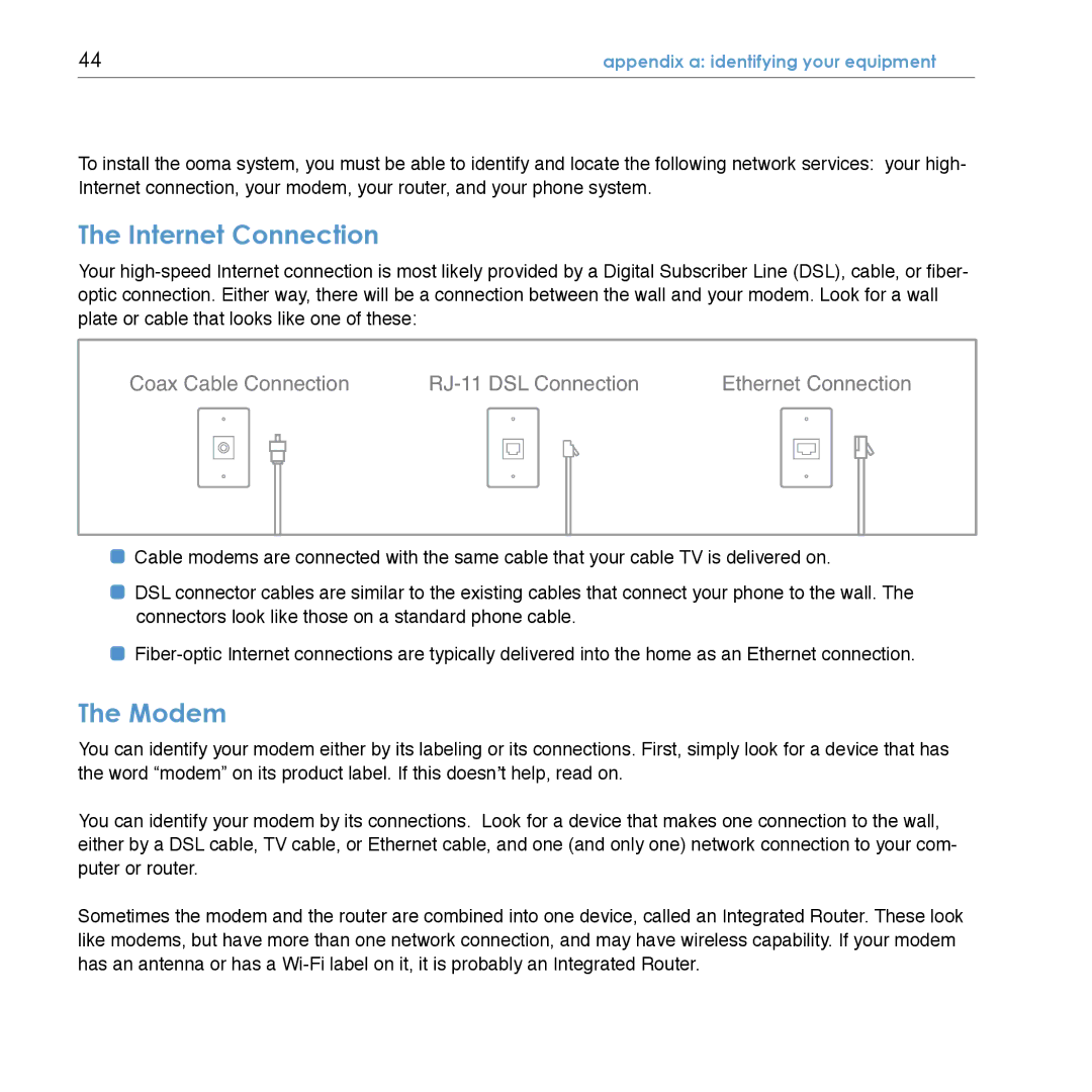 TiVo Hub manual Internet Connection, Modem, Appendix a identifying your equipment 