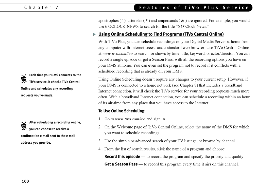 TiVo Introduction 92 manual To Use Online Scheduling, 100 