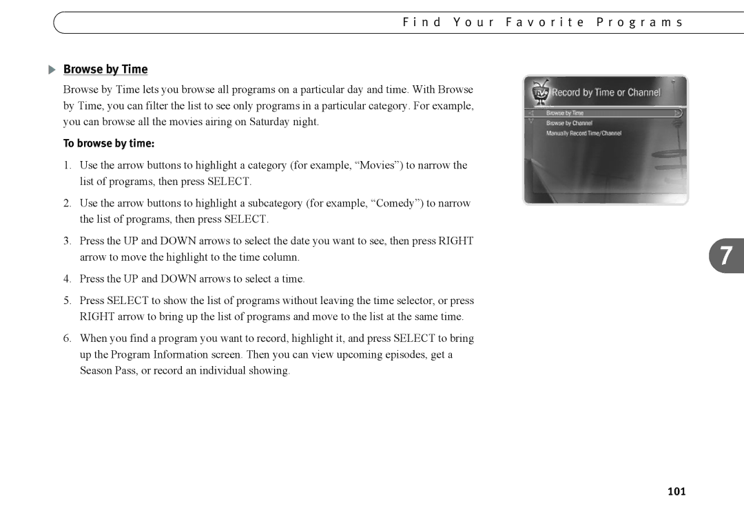 TiVo Introduction 92 manual Browse by Time, To browse by time, 101 