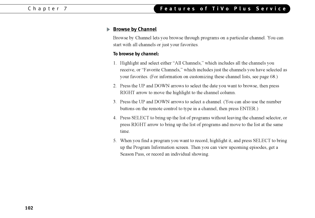 TiVo Introduction 92 manual Browse by Channel, To browse by channel, 102 