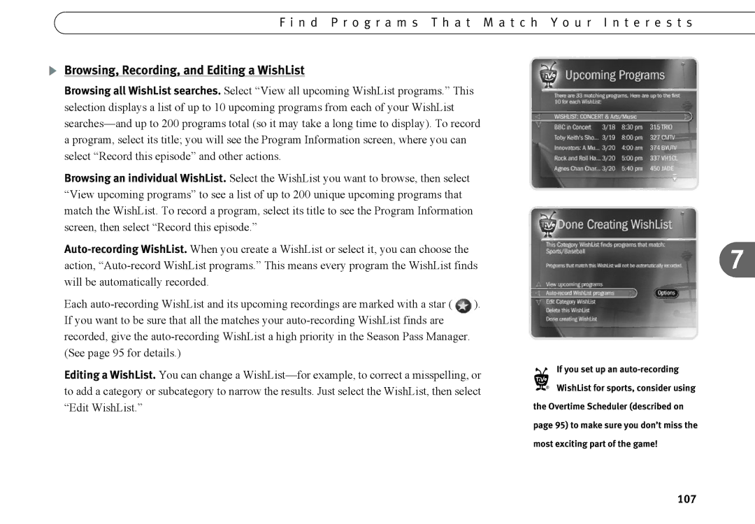 TiVo Introduction 92 manual Browsing, Recording, and Editing a WishList, 107, If you set up an auto-recording 