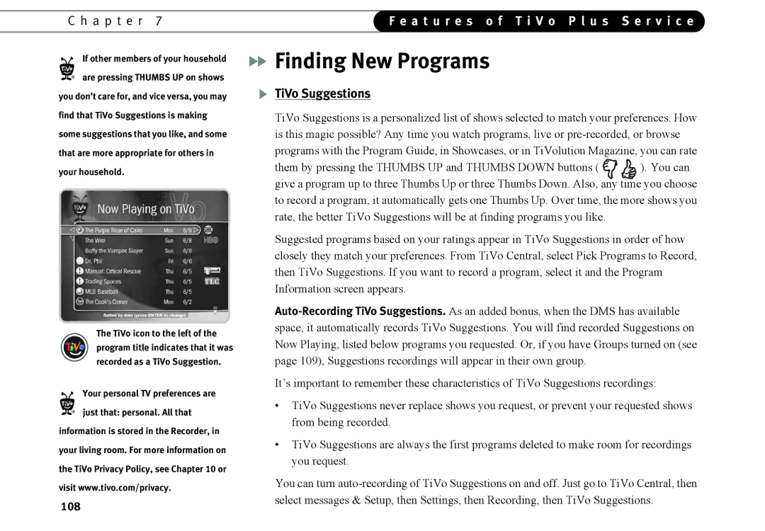 TiVo Introduction 92 manual Finding New Programs, TiVo Suggestions, Your personal TV preferences are 