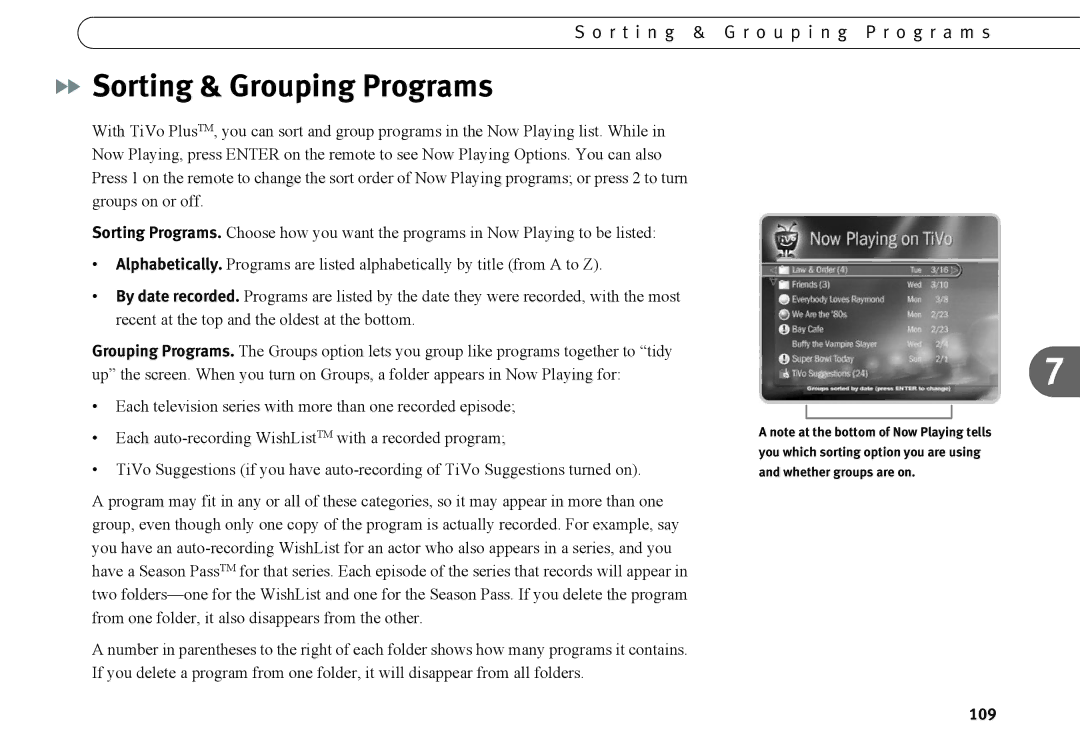 TiVo Introduction 92 manual Sorting & Grouping Programs, 109 