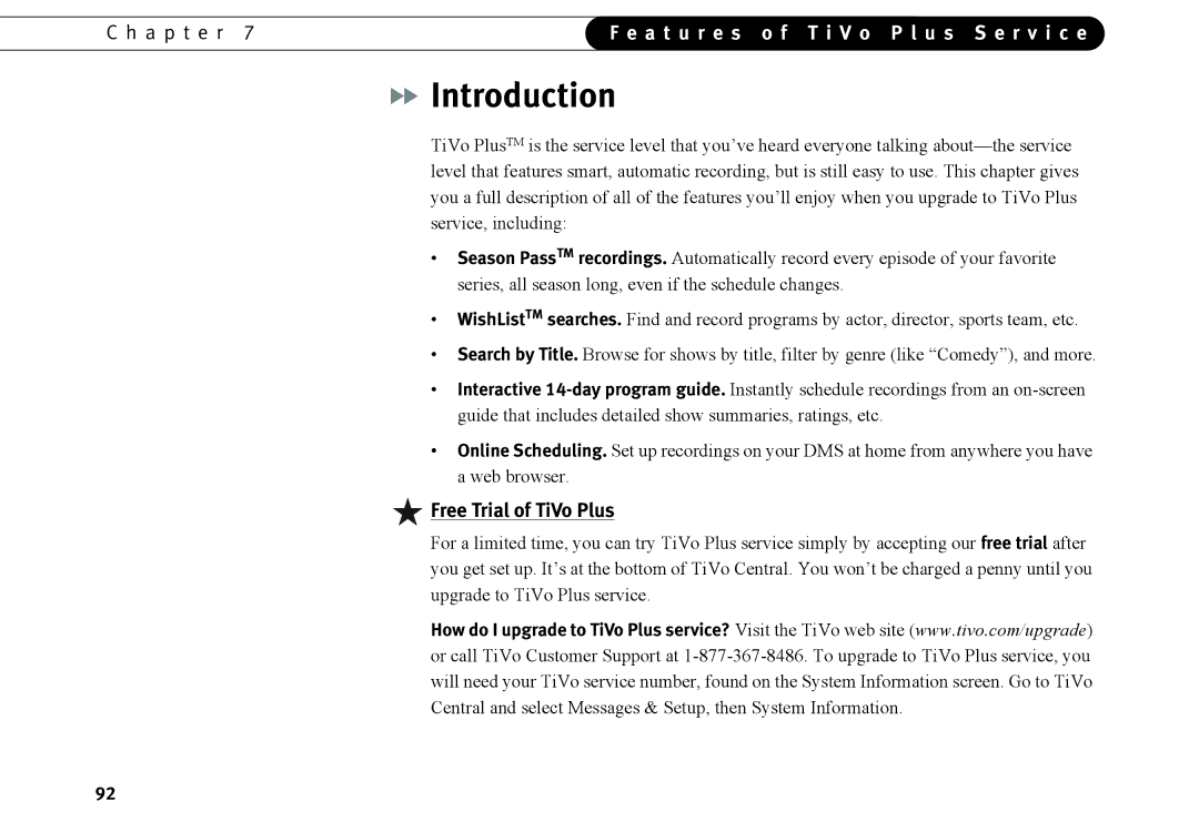 TiVo Introduction 92 manual Free Trial of TiVo Plus 