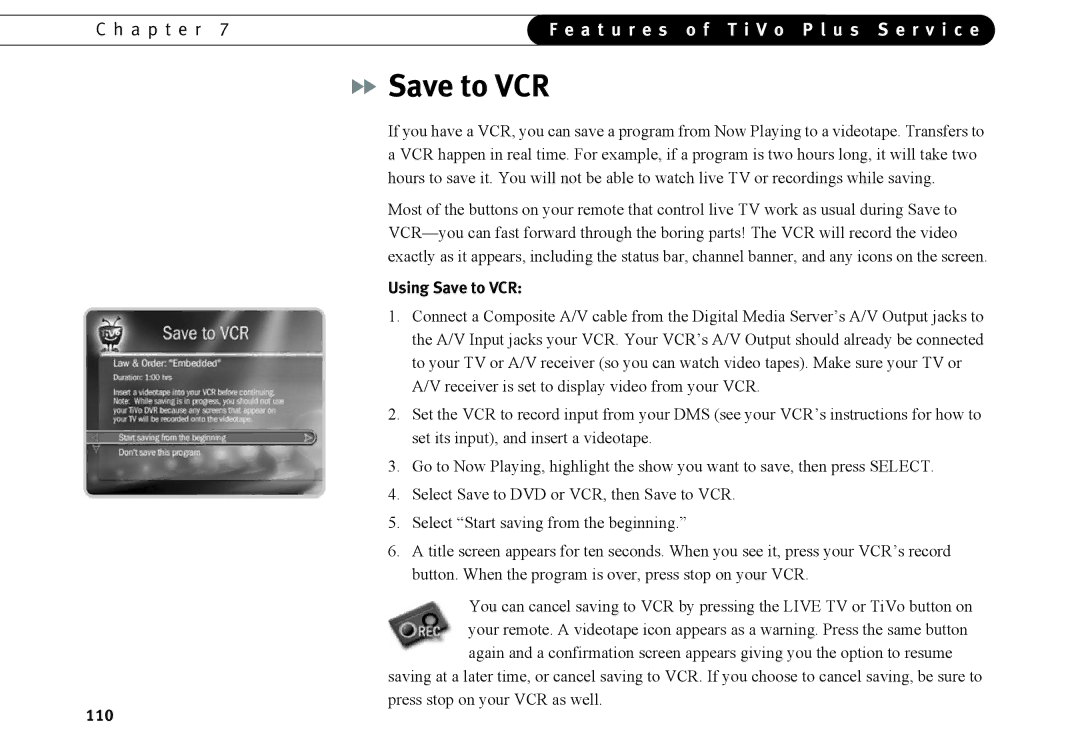 TiVo Introduction 92 manual Using Save to VCR 