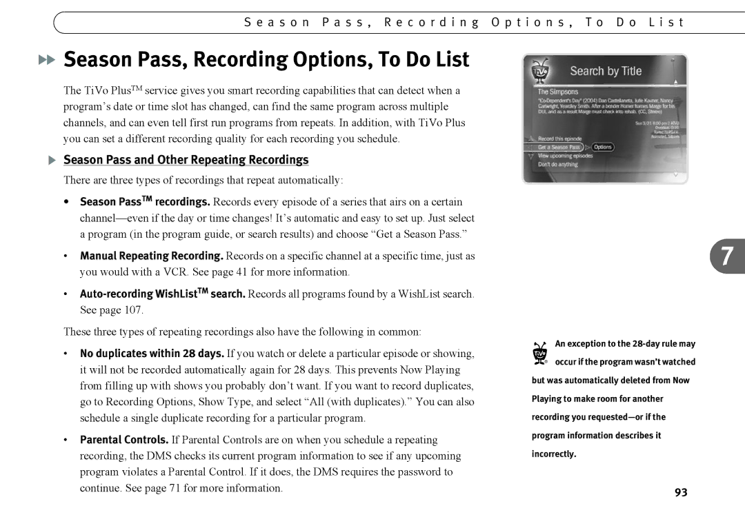 TiVo Introduction 92 manual Season Pass, Recording Options, To Do List, Season Pass and Other Repeating Recordings 